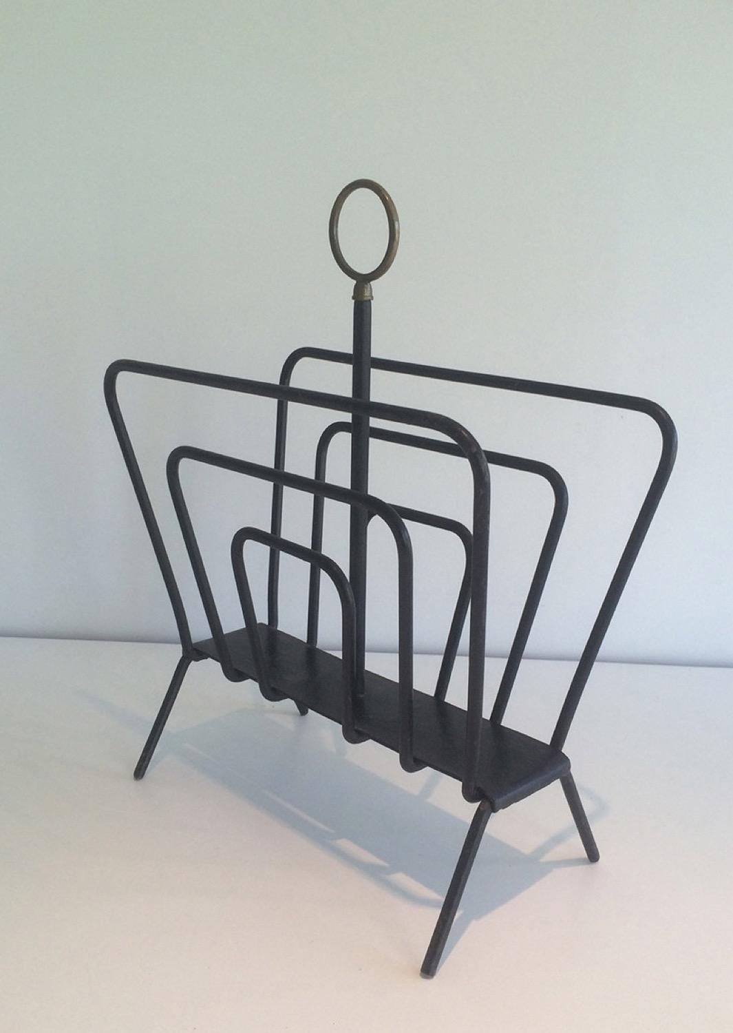 Mid-Century Modern Attributed to Jacques Adnet, Black Lacquered Metal and Brass Magazine Rack