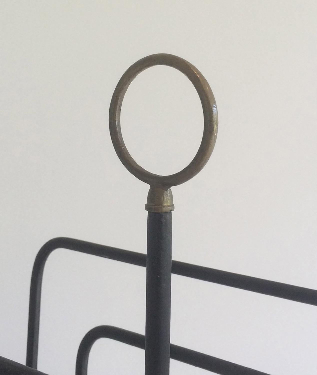 French Attributed to Jacques Adnet, Black Lacquered Metal and Brass Magazine Rack