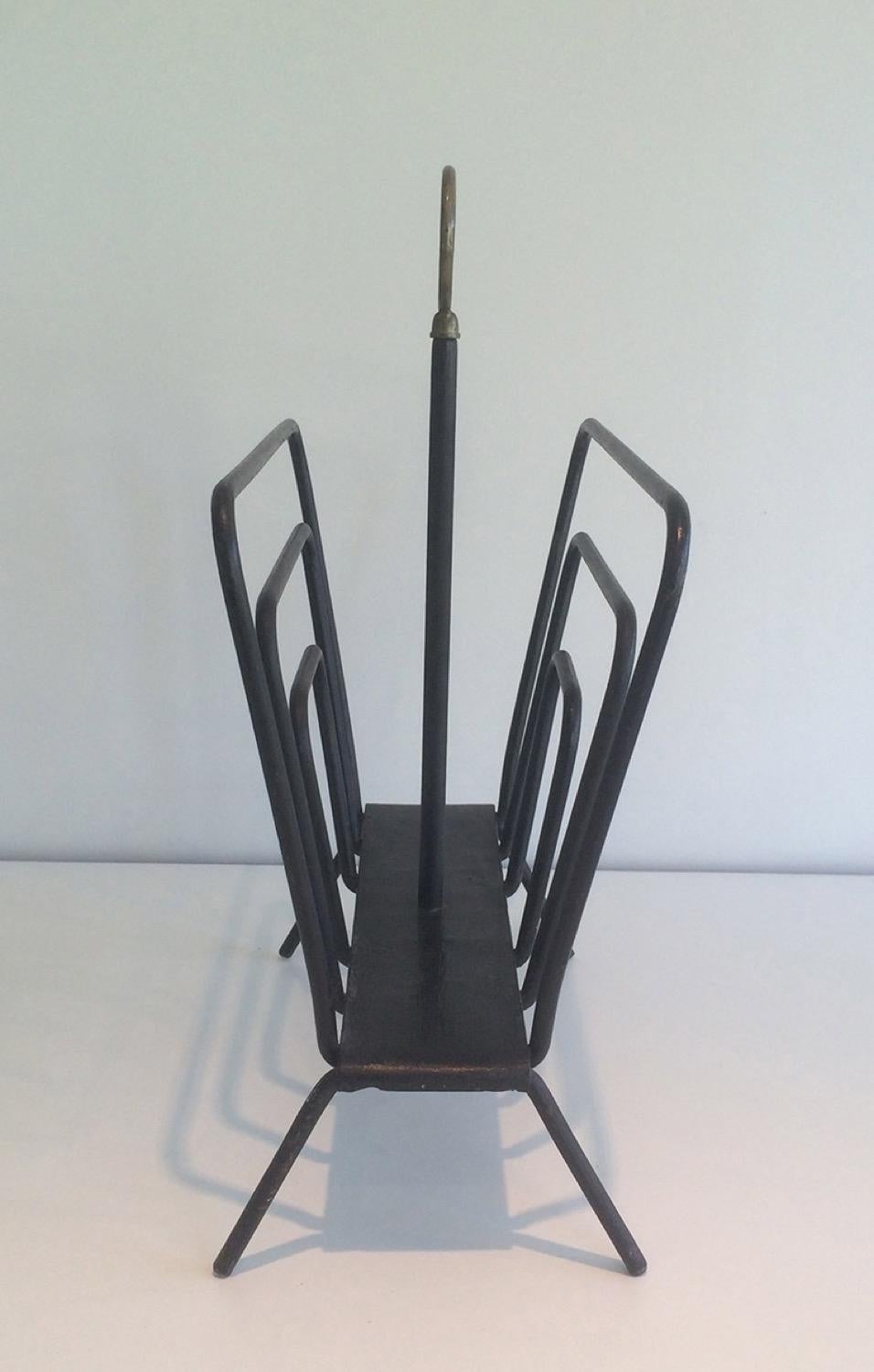 Mid-20th Century Attributed to Jacques Adnet, Black Lacquered Metal and Brass Magazine Rack