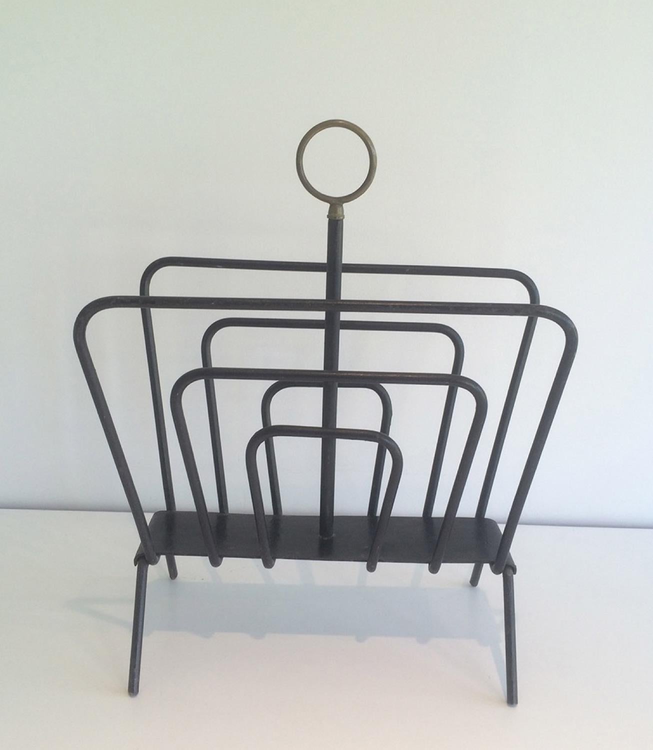 Attributed to Jacques Adnet, Black Lacquered Metal and Brass Magazine Rack 1