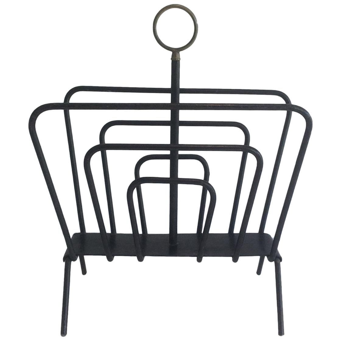 Attributed to Jacques Adnet, Black Lacquered Metal and Brass Magazine Rack
