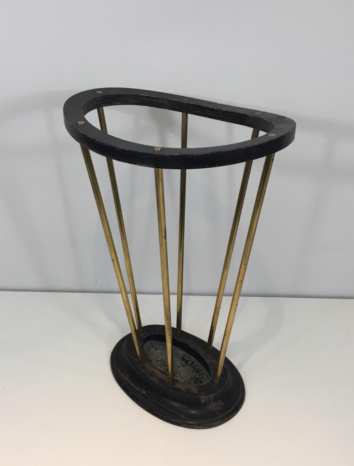 Mid-Century Modern Ebonized Wood and Brass Umbrella Stand For Sale