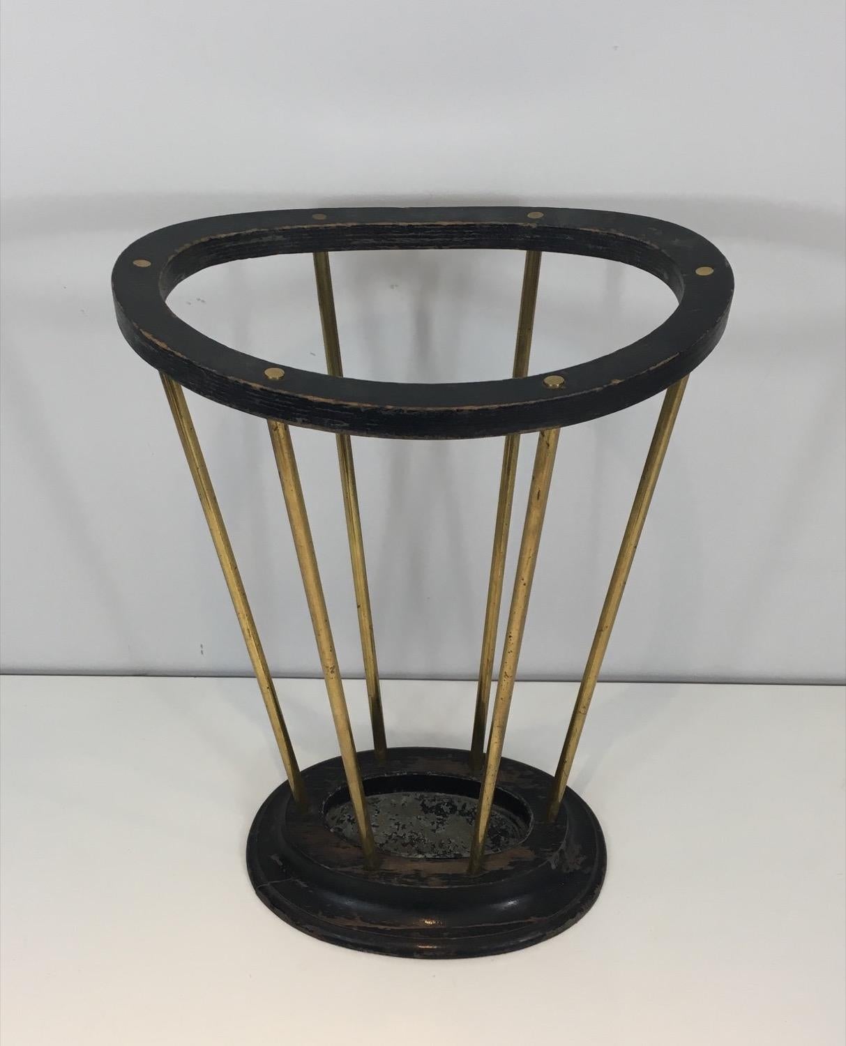 Mid-20th Century Ebonized Wood and Brass Umbrella Stand For Sale