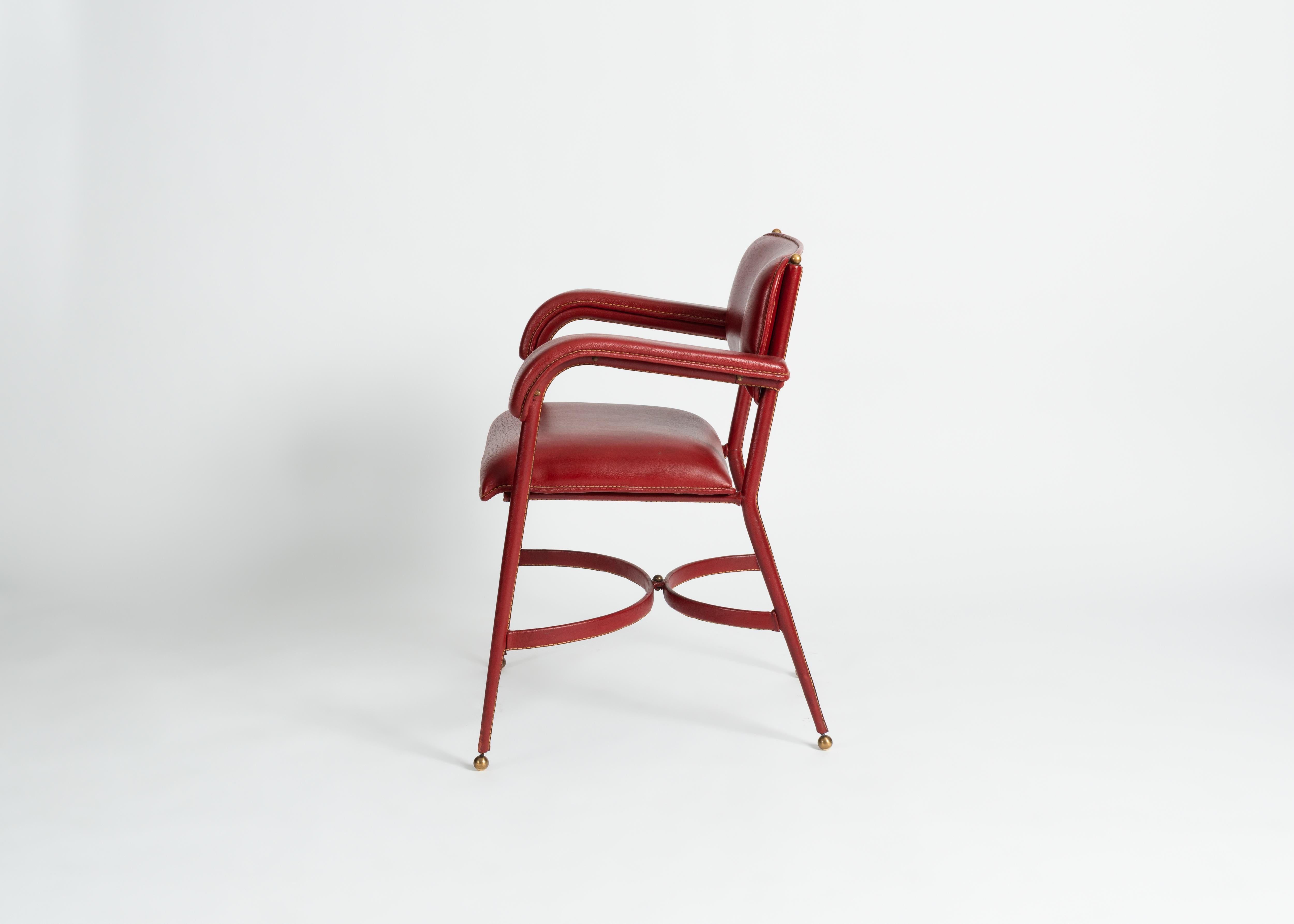Attributed to Jacques Adnet, Red Leather Armchair, France, circa 1950 In Good Condition In New York, NY