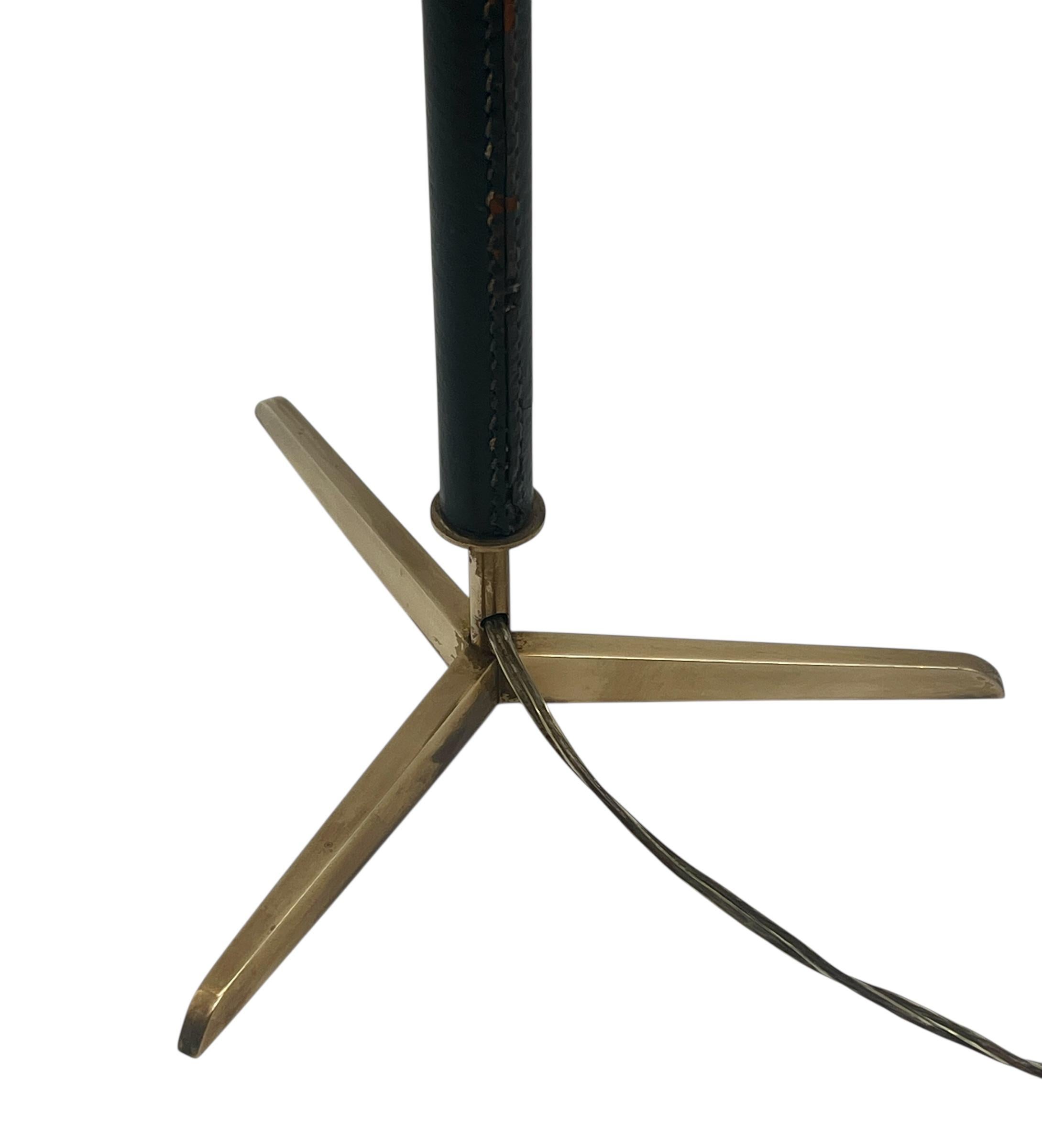 Hand-Crafted Attributed to Jacques Adnet Stitched Black Leather & Brass Table Lamp For Sale