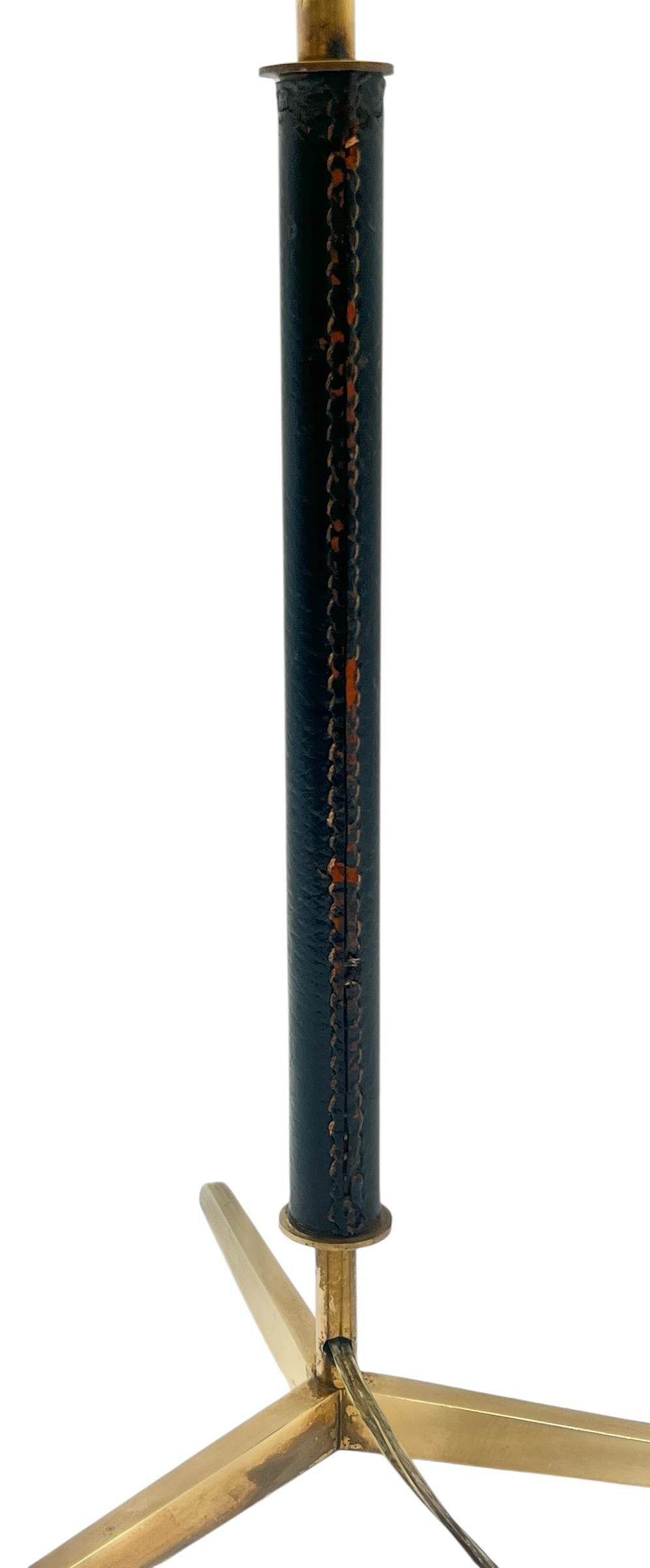 20th Century Attributed to Jacques Adnet Stitched Black Leather & Brass Table Lamp For Sale