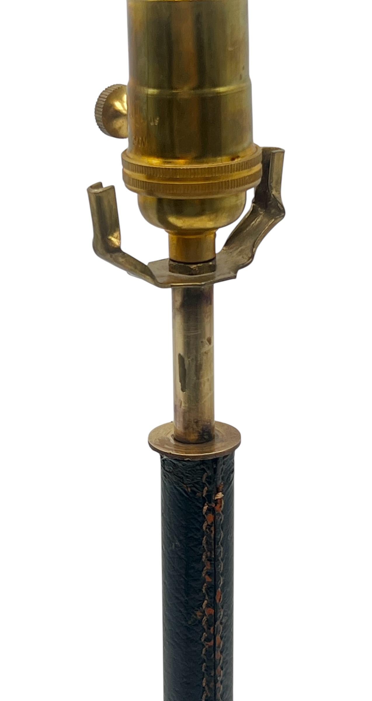 Attributed to Jacques Adnet Stitched Black Leather & Brass Table Lamp For Sale 1