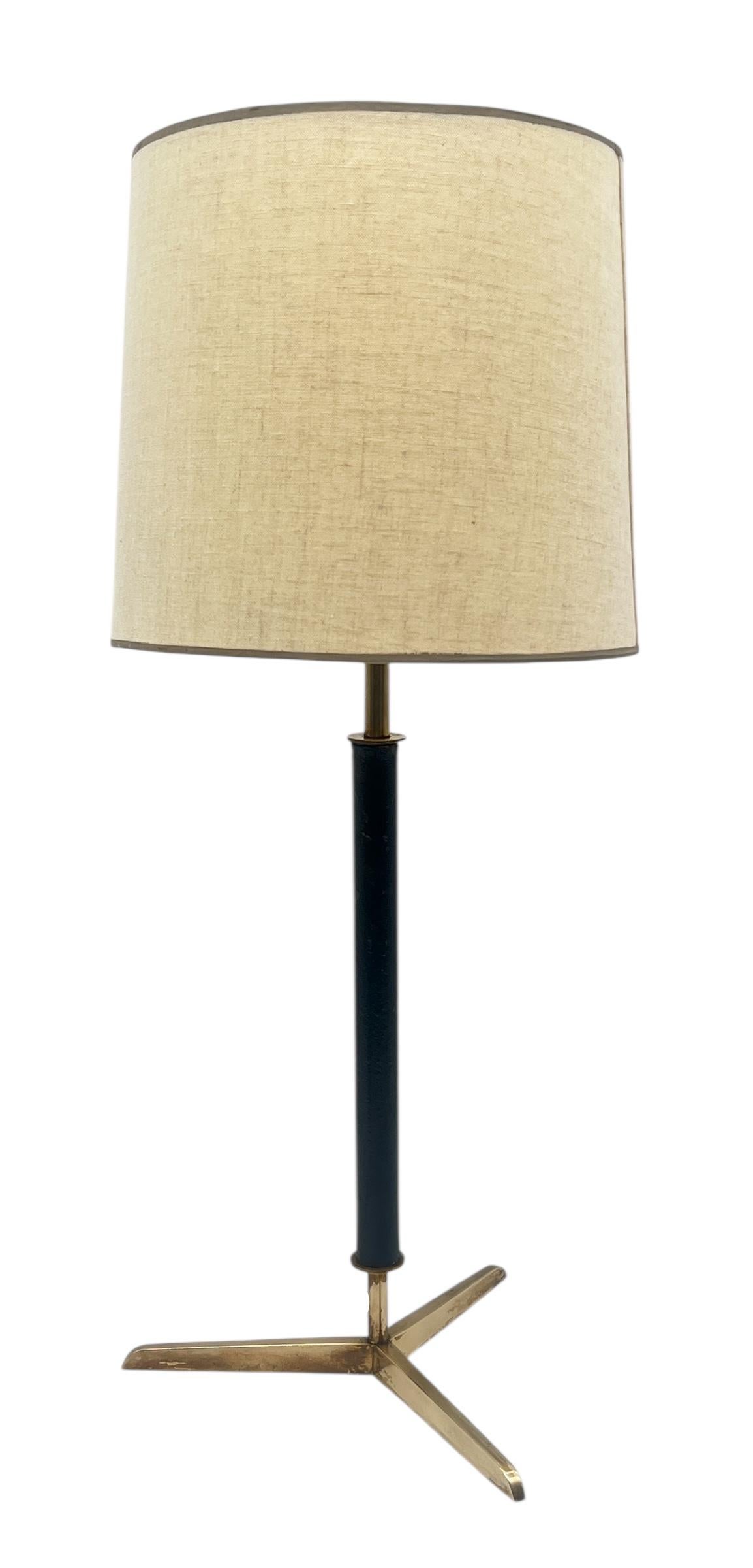 Attributed to Jacques Adnet Stitched Black Leather & Brass Table Lamp For Sale 2