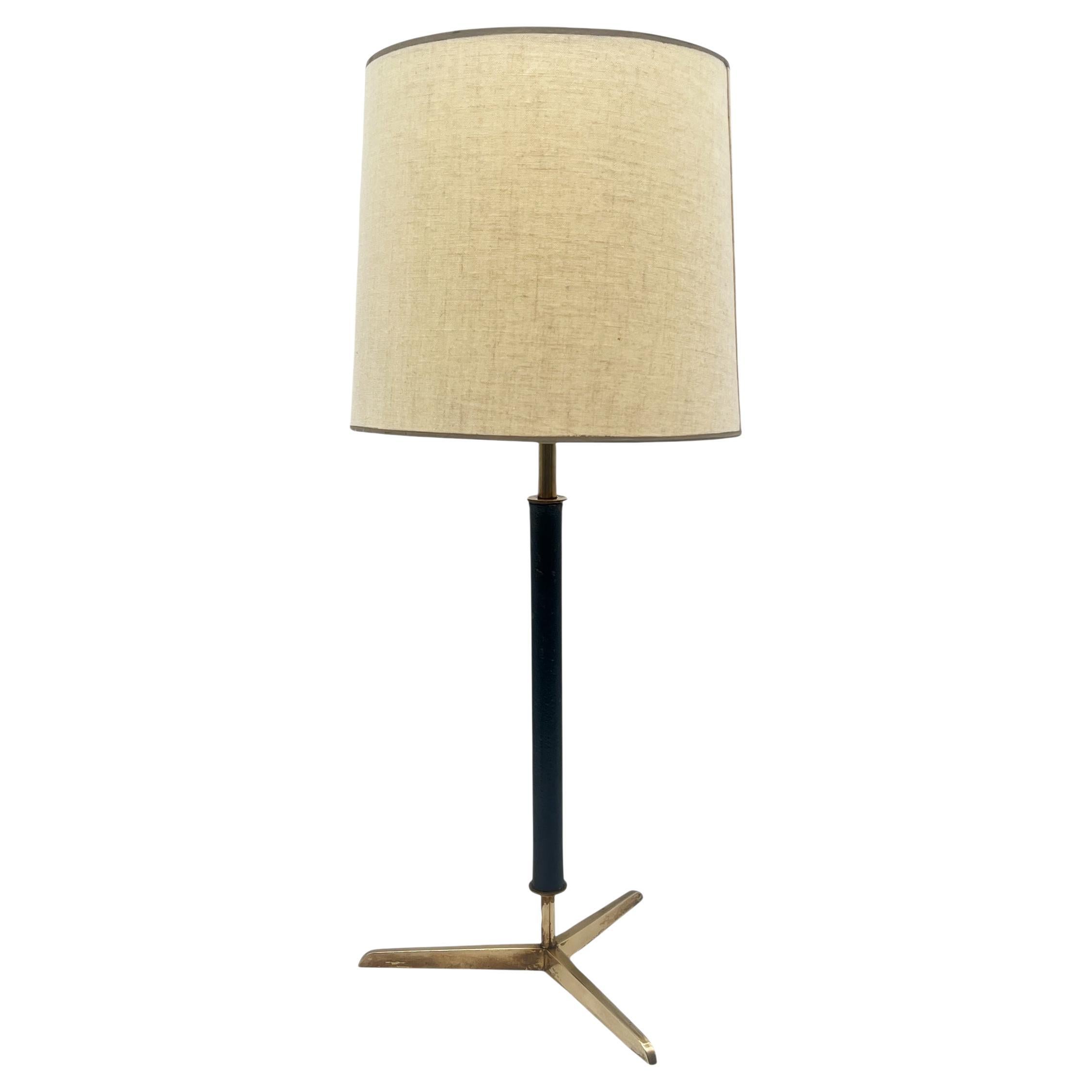 Attributed to Jacques Adnet Stitched Black Leather & Brass Table Lamp