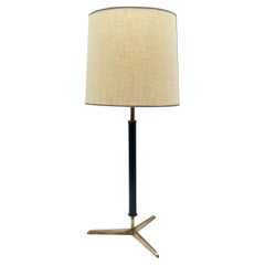 Attributed to Jacques Adnet Stitched Black Leather & Brass Table Lamp