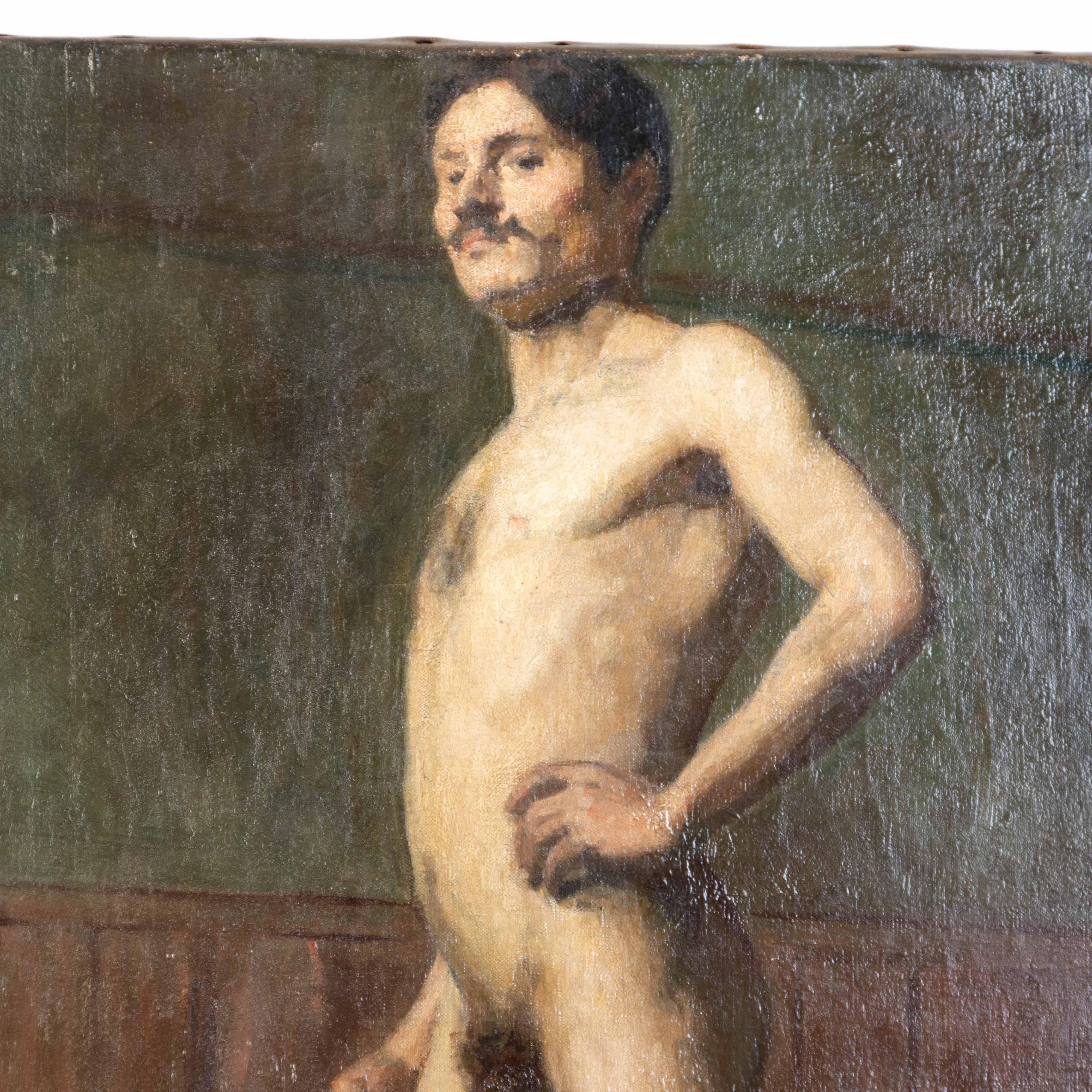 Large French studio nude self-portrait, oil on canvas, signed and dated 1912.

Jean-Gabriel Domergue was born on 4 March 1889 in Bordeaux. His father, a journalist and art critic, took him to artists' studios from an early age. Very precocious, he
