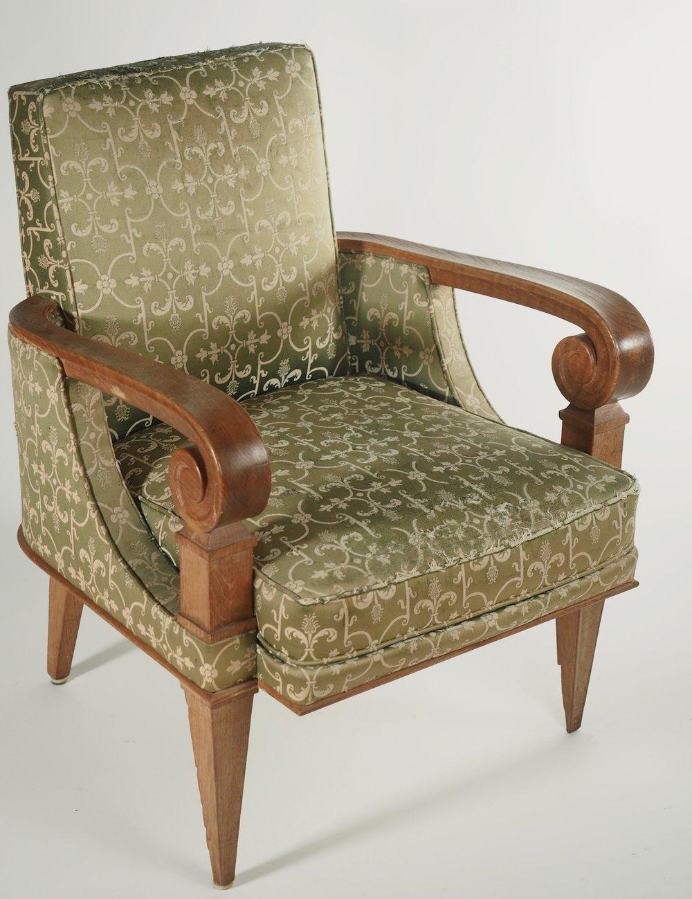French Art Deco pair of gracious-sized armchairs, design attributed to Pierre Lardin. Unrestored in the photographs. Price includes restoration, refinishing and reupholstering with buyer’s fabric.