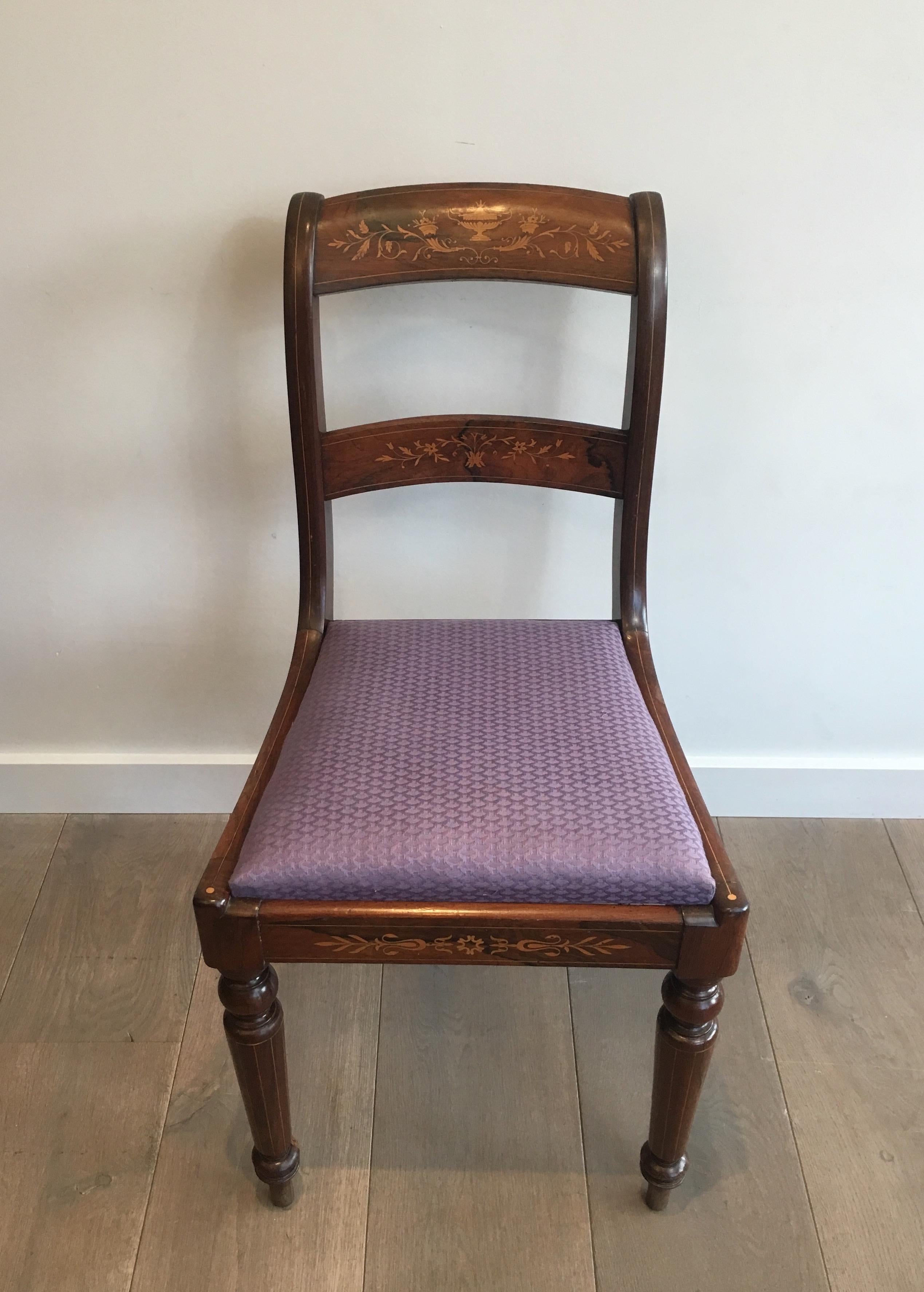 This beautiful chair is made of rosewood with lemon tree incrustations. This is a beautiful work. This chair is French, 19th century, Charles X Period. This model is attributed to famous French cabinetmaker Jeanselme. (3 of these chairs are