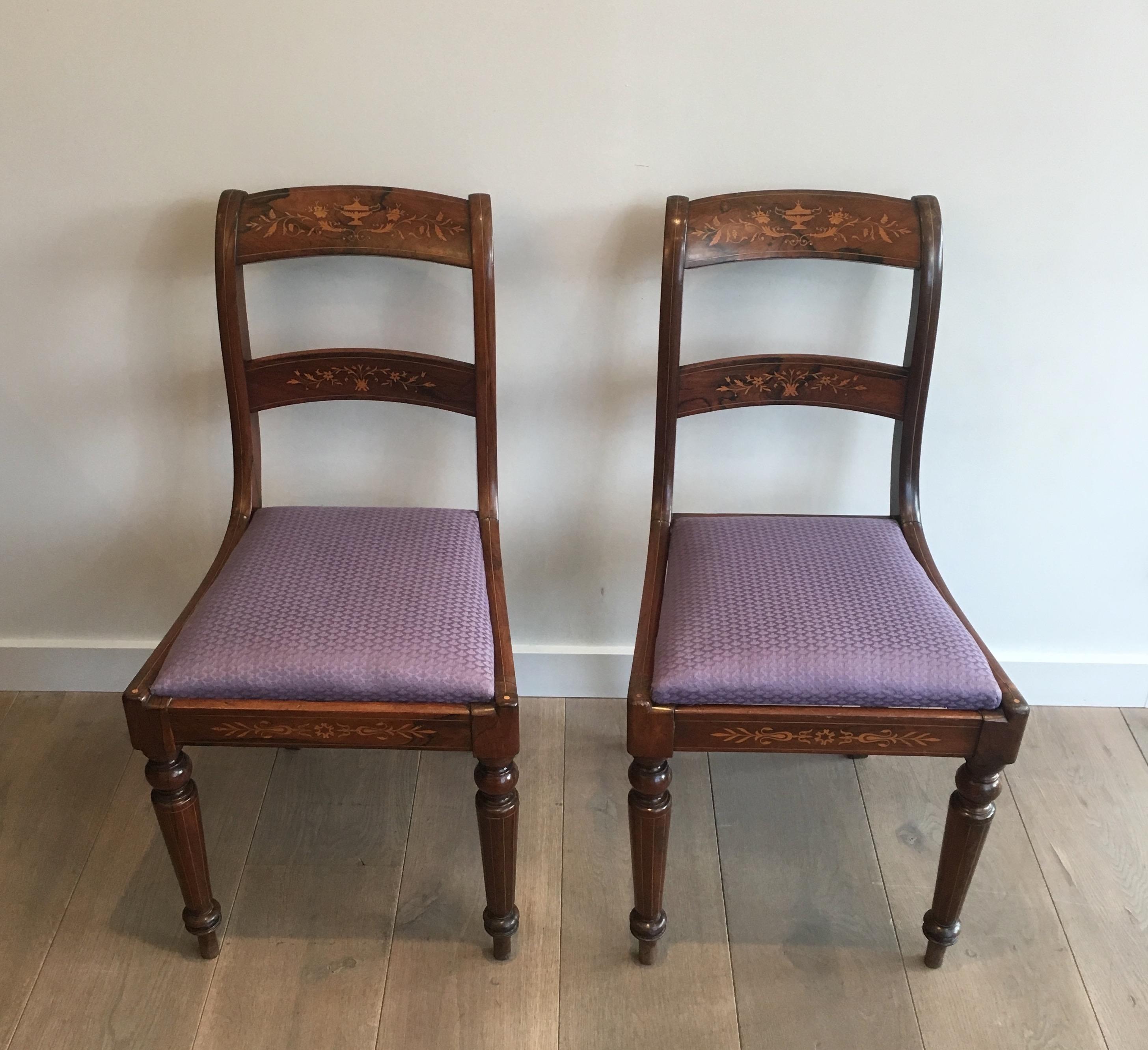 This beautiful pair of chairs are made of rosewood with lemon tree incrustations. This is a beautiful work. These chairs are French, 19th century, Charles X Period. This model is attributed to famous French cabinetmaker Jeanselme.
  