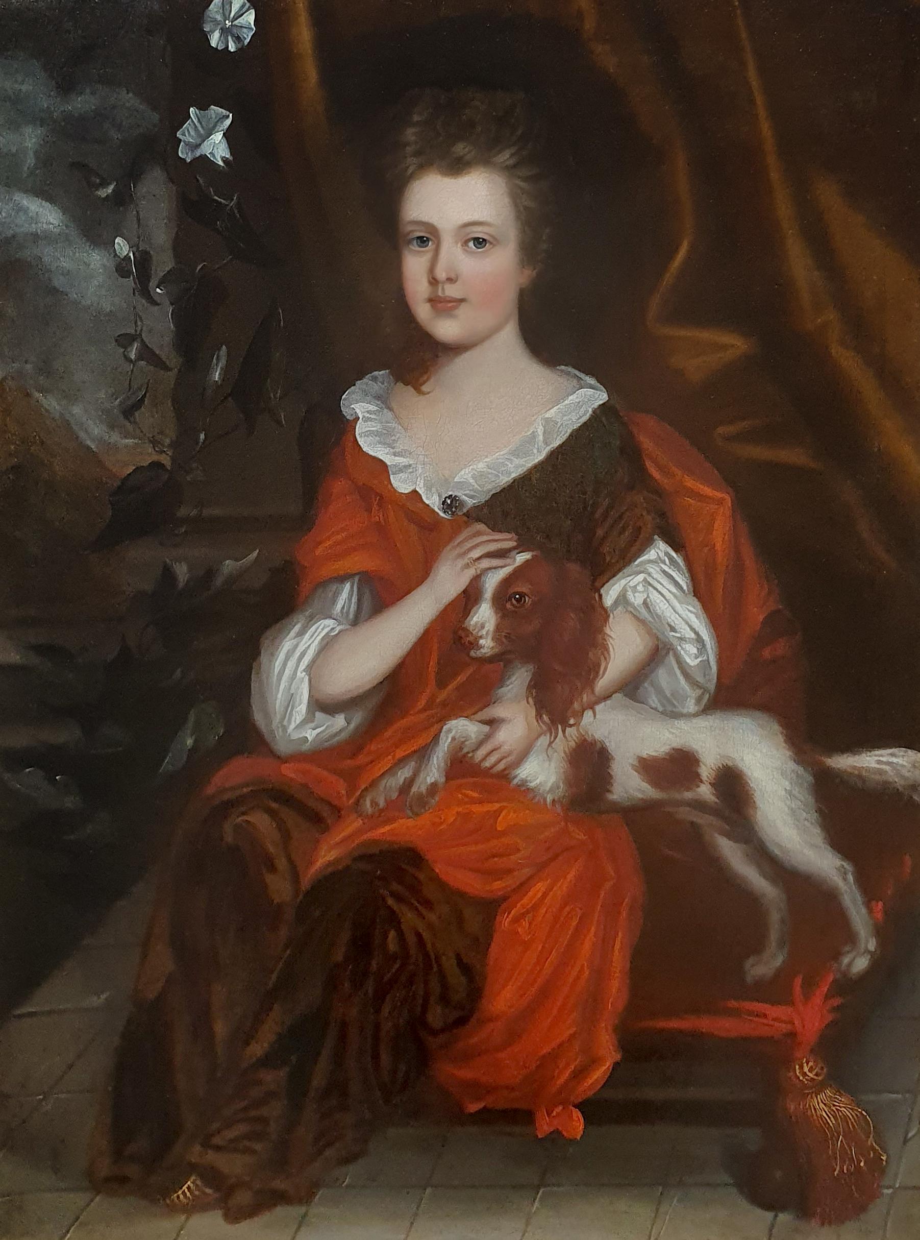 Portrait of a Girl with Spaniel c.1695 Pet Dog Antique oil painting Anglo-Dutch - Painting by (attributed to) Johannes Verelst