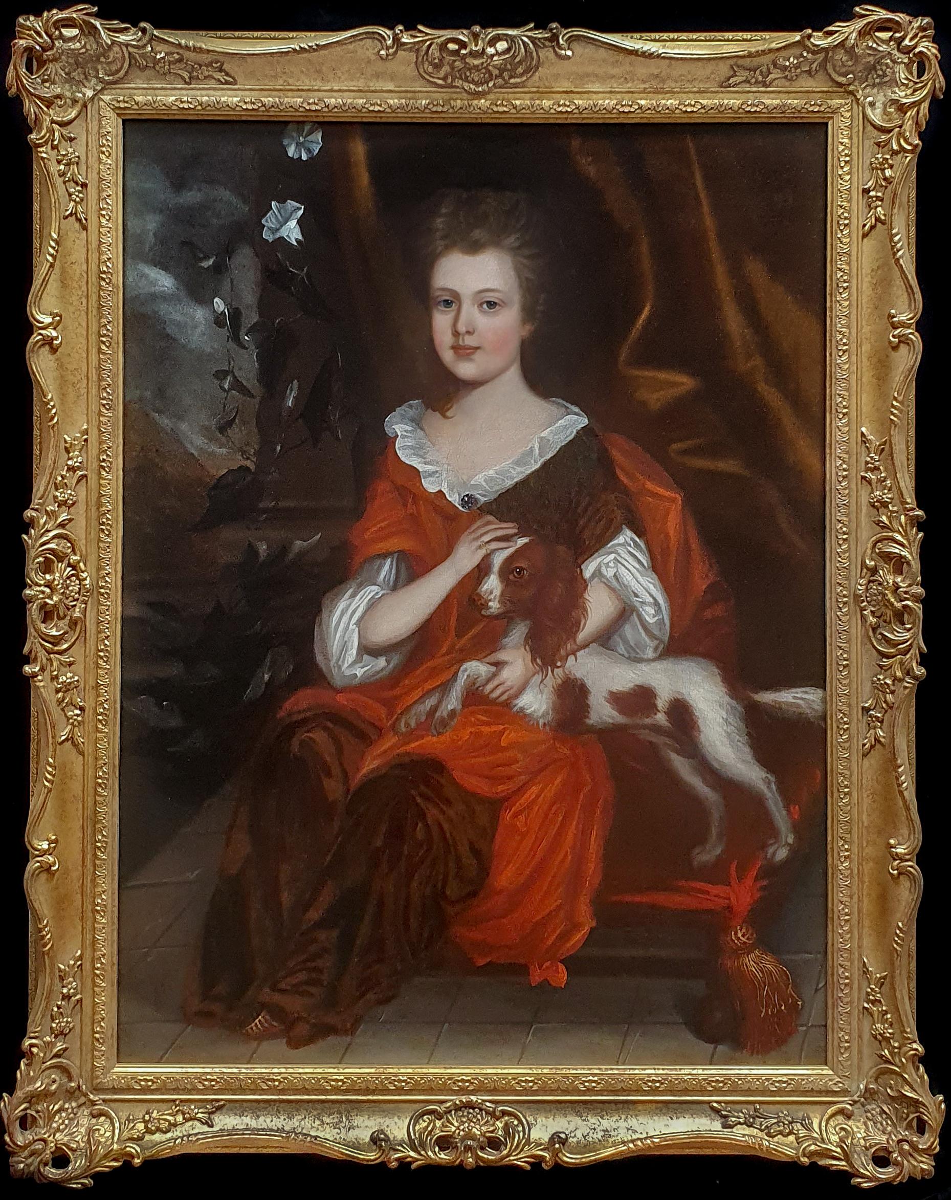 (attributed to) Johannes Verelst Portrait Painting - Portrait of a Girl with Spaniel c.1695 Pet Dog Antique oil painting Anglo-Dutch