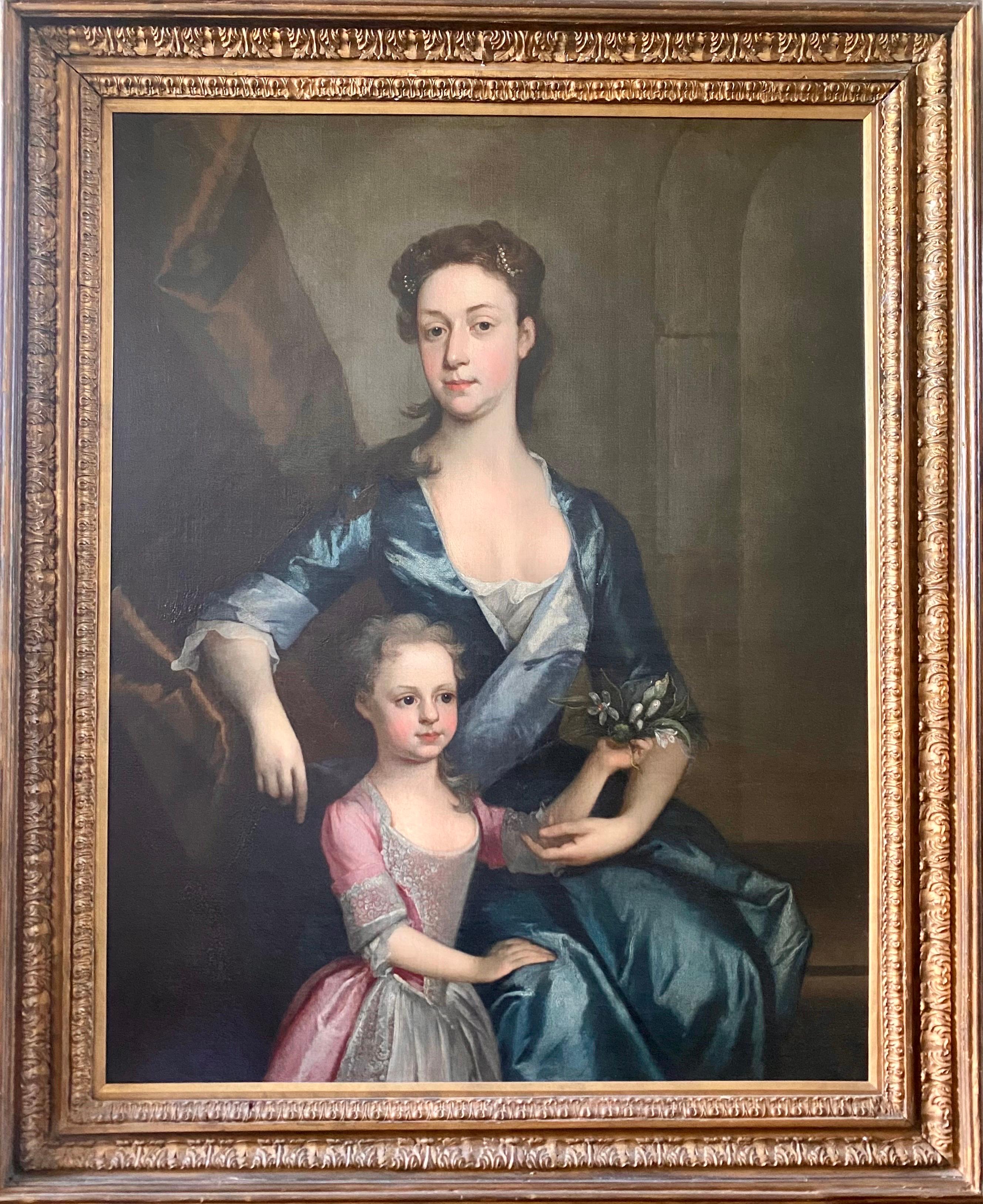 Portrait Painting (attributed to) Joseph Highmore - Portrait anglais du XVIIIe siècle d'une femme et de sa fille dans un intérieur