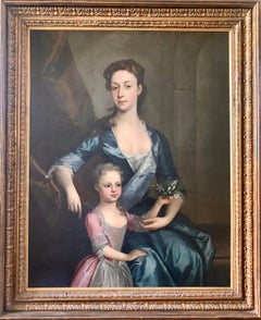 Portrait anglais du XVIIIe siècle d'une femme et de sa fille dans un intérieur