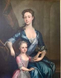 English 18th century portrait of a Lady and her Daughter in an interior