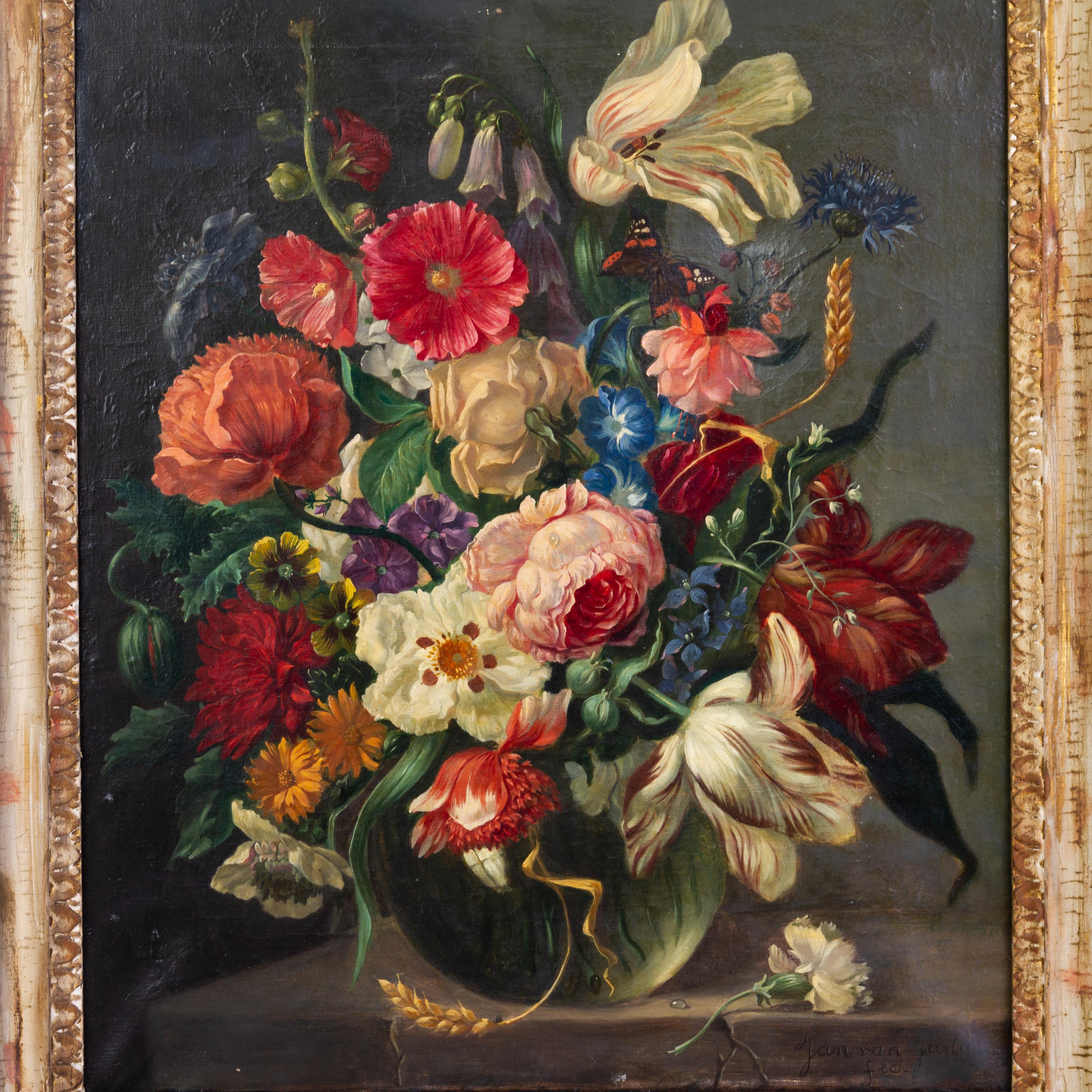 Justus van Huysum is known to have studied with Nicolaes Berchem and painted an eclectic array of subjects, including portraits, marine scenes, landscapes, history and battle paintings, but was best known for his flower pieces.

Measuring (framed)
