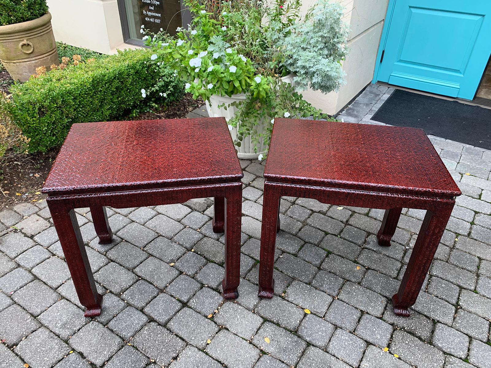 Karl Springer Style Pair of Japanese Woven Raffia Covered Red Tables For Sale 7