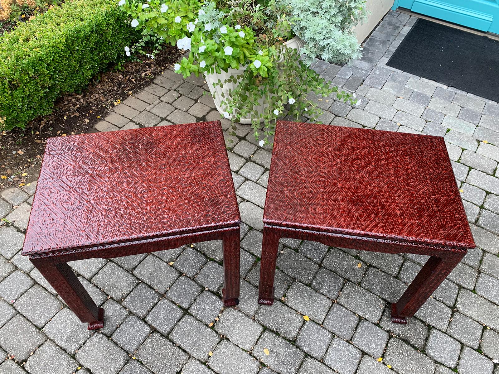 Karl Springer Style Pair of Japanese Woven Raffia Covered Red Tables For Sale 8