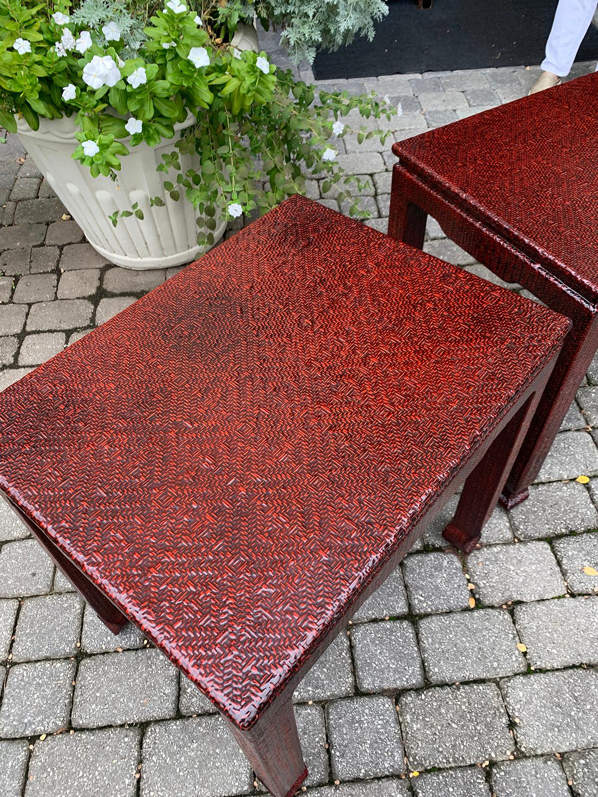 Karl Springer Style Pair of Japanese Woven Raffia Covered Red Tables In Good Condition For Sale In Atlanta, GA