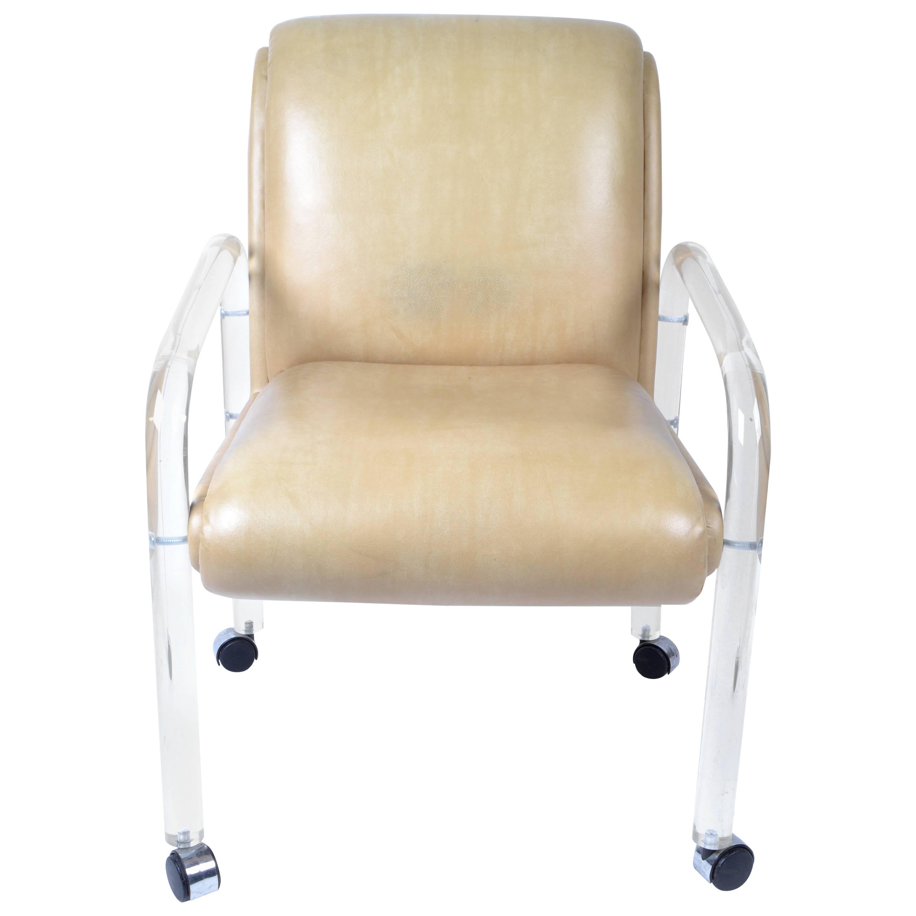 Attributed to Leon Frost Lucite and Vinyl Armchair, Desk Chair on Casters