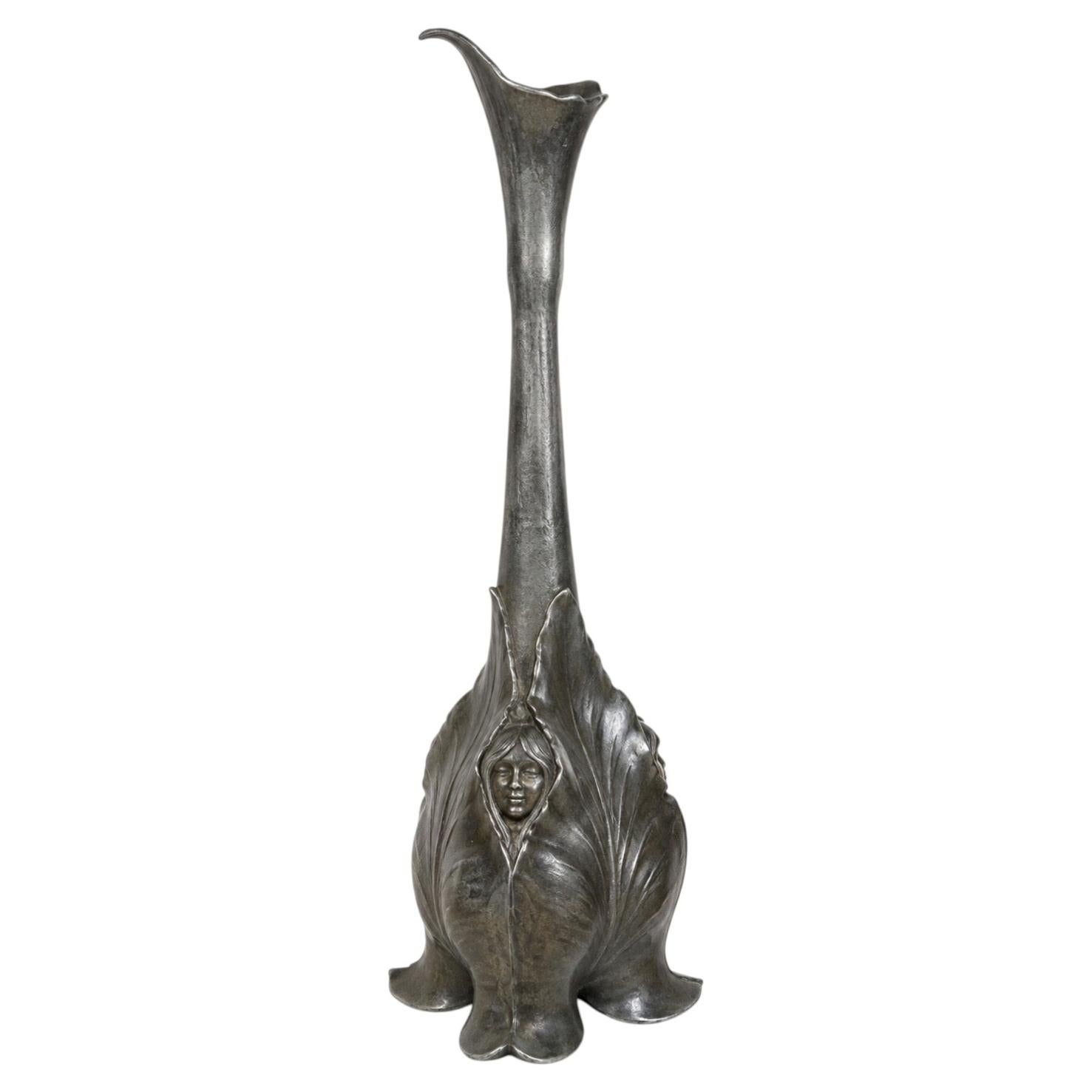 Attributed to Louis Maurel Art Nouveau Three Graces Pewter Vase, France, 1900