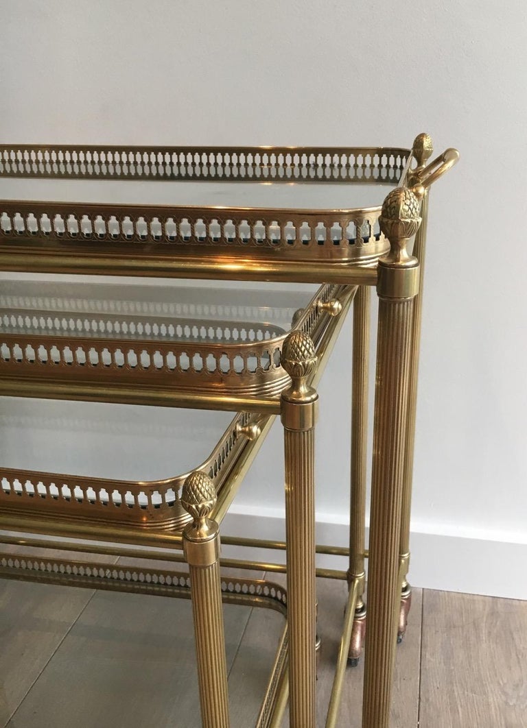 Attributed to Maison Baguès, Set of Neoclassical Brass Nesting Tables on Casters For Sale 8