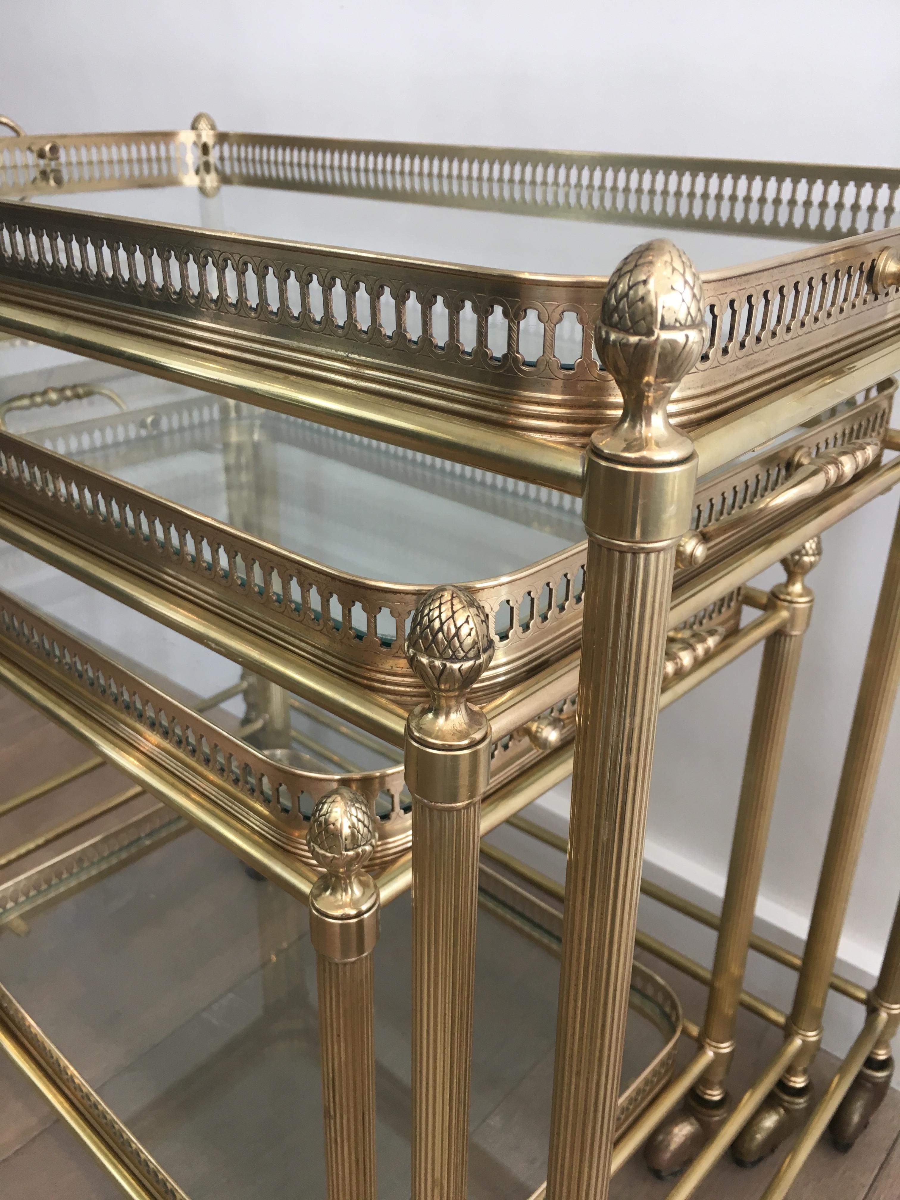 Attributed to Maison Baguès, Set of Neoclassical Brass Nesting Tables on Casters 9