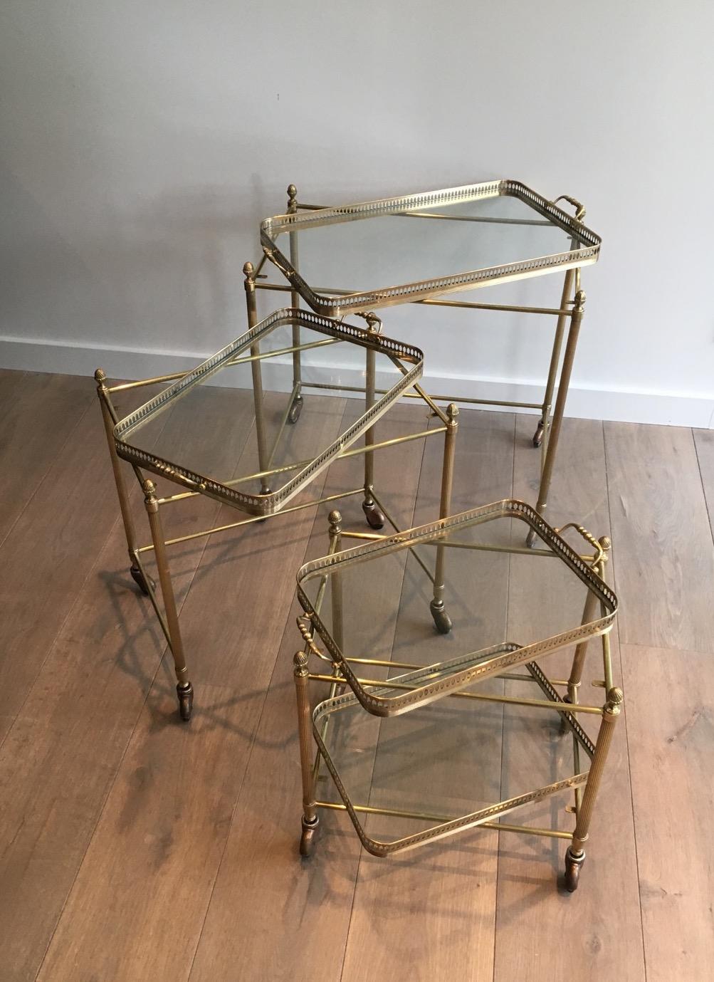 Attributed to Maison Baguès, Set of Neoclassical Brass Nesting Tables on Casters 11