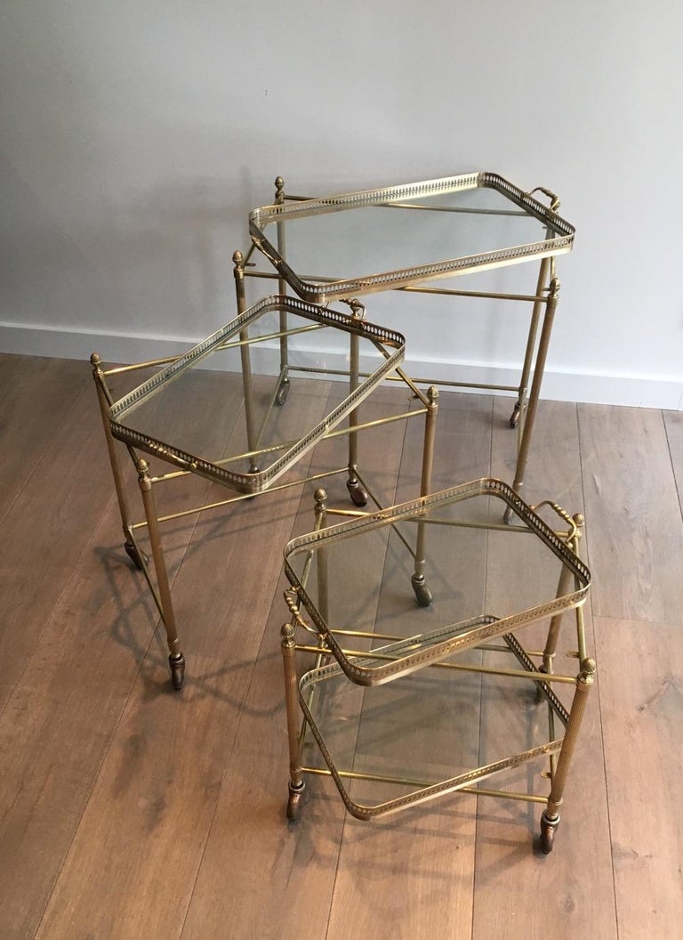 Attributed to Maison Baguès, Set of Neoclassical Brass Nesting Tables on Casters For Sale 11
