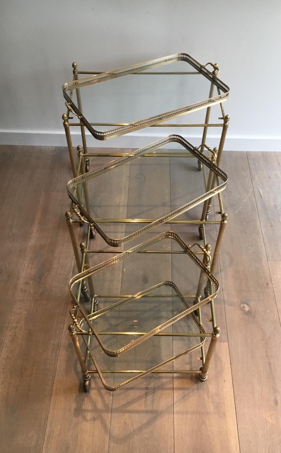 Attributed to Maison Baguès, Set of Neoclassical Brass Nesting Tables on Casters 12