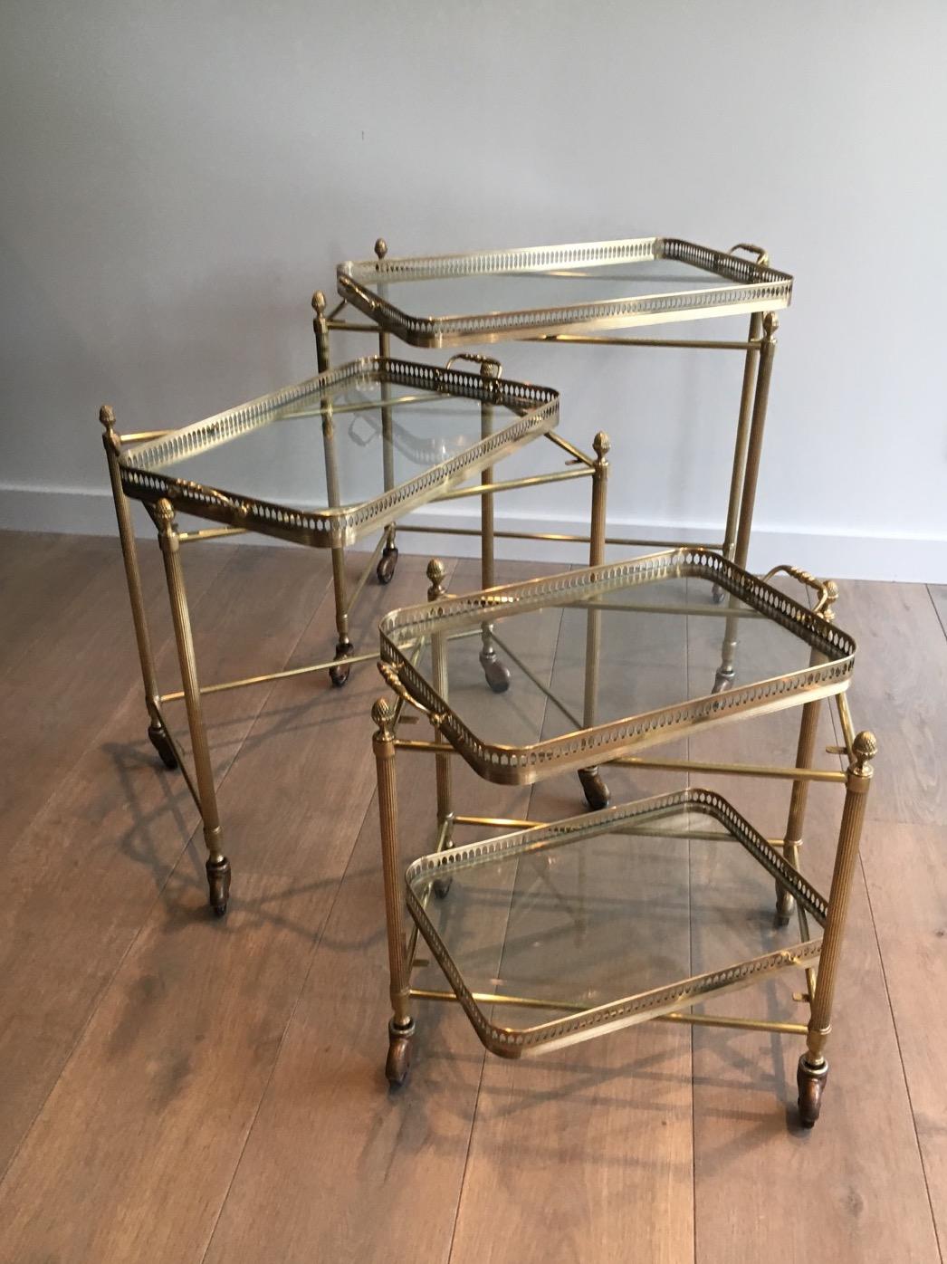 Attributed to Maison Baguès, Set of Neoclassical Brass Nesting Tables on Casters 13