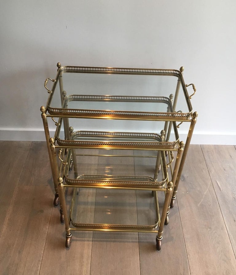 Attributed to Maison Baguès, Set of Neoclassical Brass Nesting Tables on Casters For Sale 14