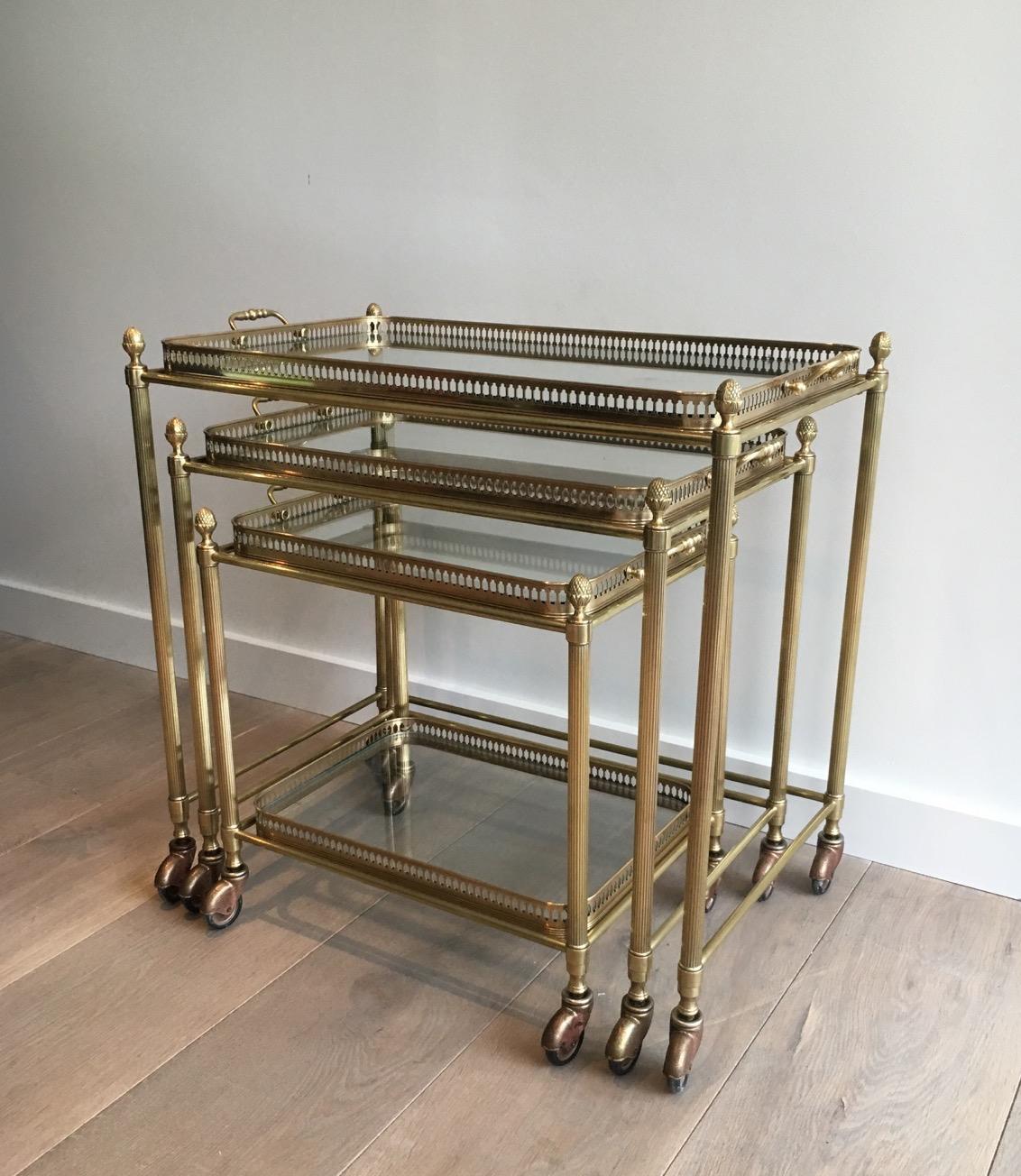 Attributed to Maison Baguès, Set of Neoclassical Brass Nesting Tables on Casters 1