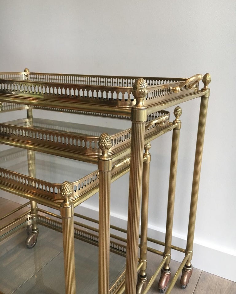 Attributed to Maison Baguès, Set of Neoclassical Brass Nesting Tables on Casters For Sale 2