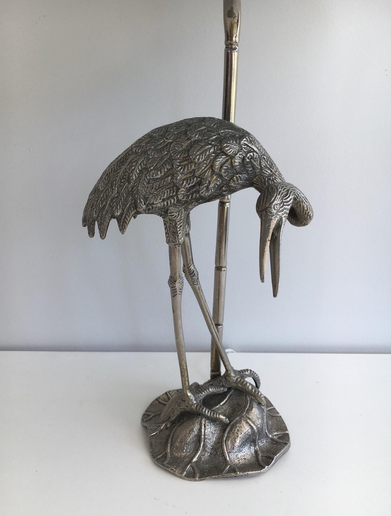 Metal Attributed to Maison Bagués, Silvered Heron Lamp, French, circa 1960