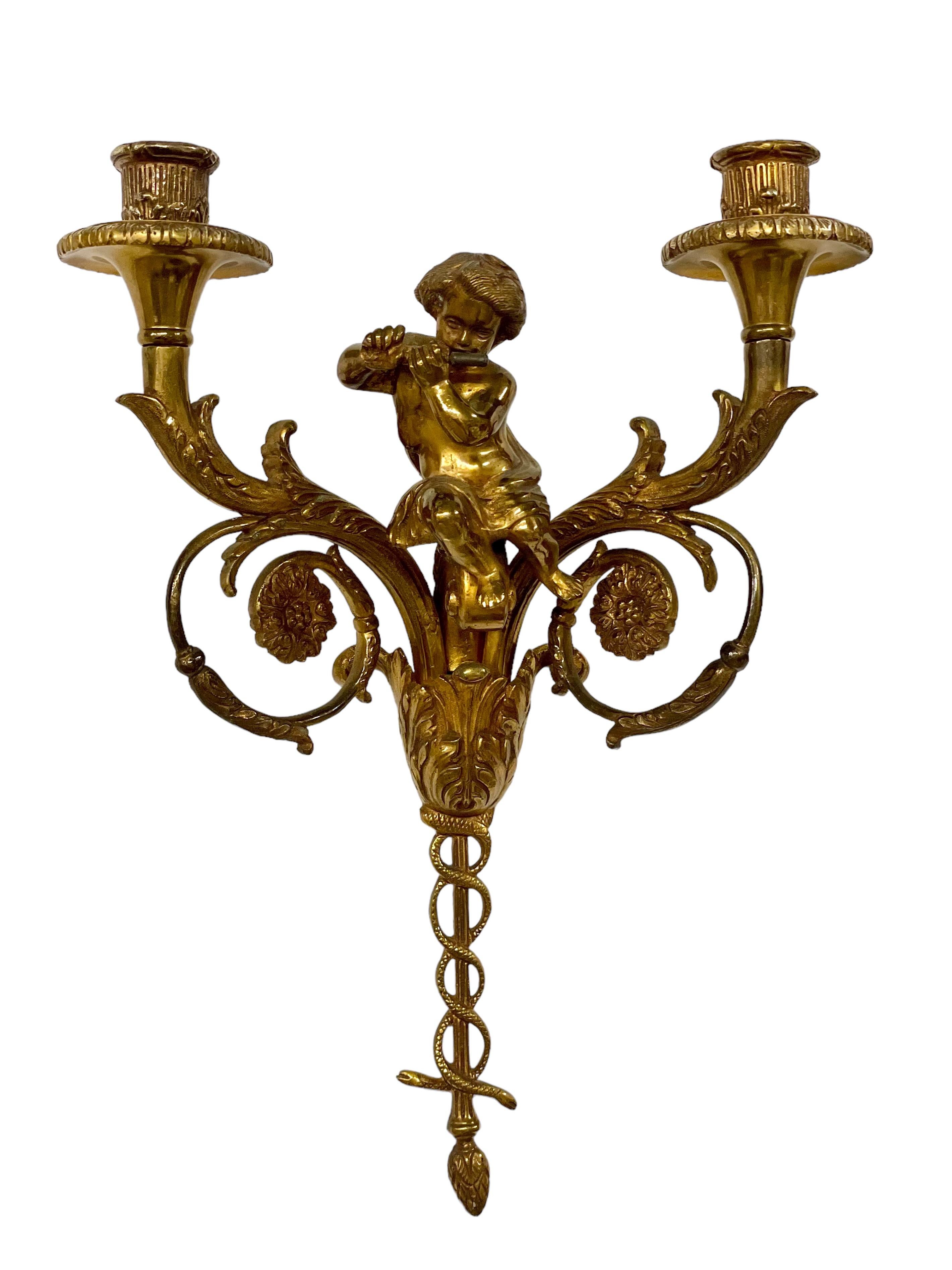 Attributed to Maison Charles Pair of Tall Gilt Bronze Wall Sconces  For Sale 4