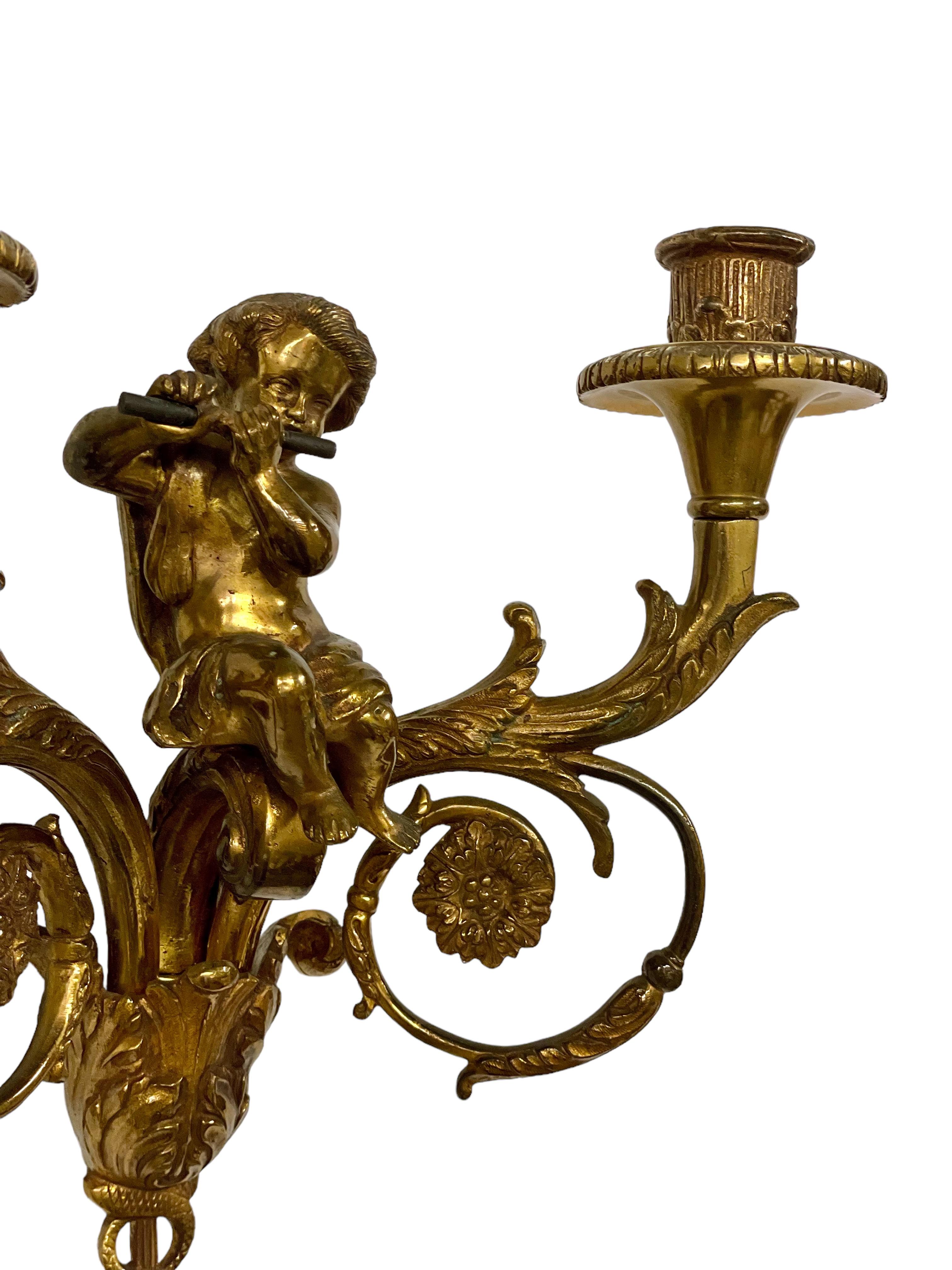 French Attributed to Maison Charles Pair of Tall Gilt Bronze Wall Sconces  For Sale