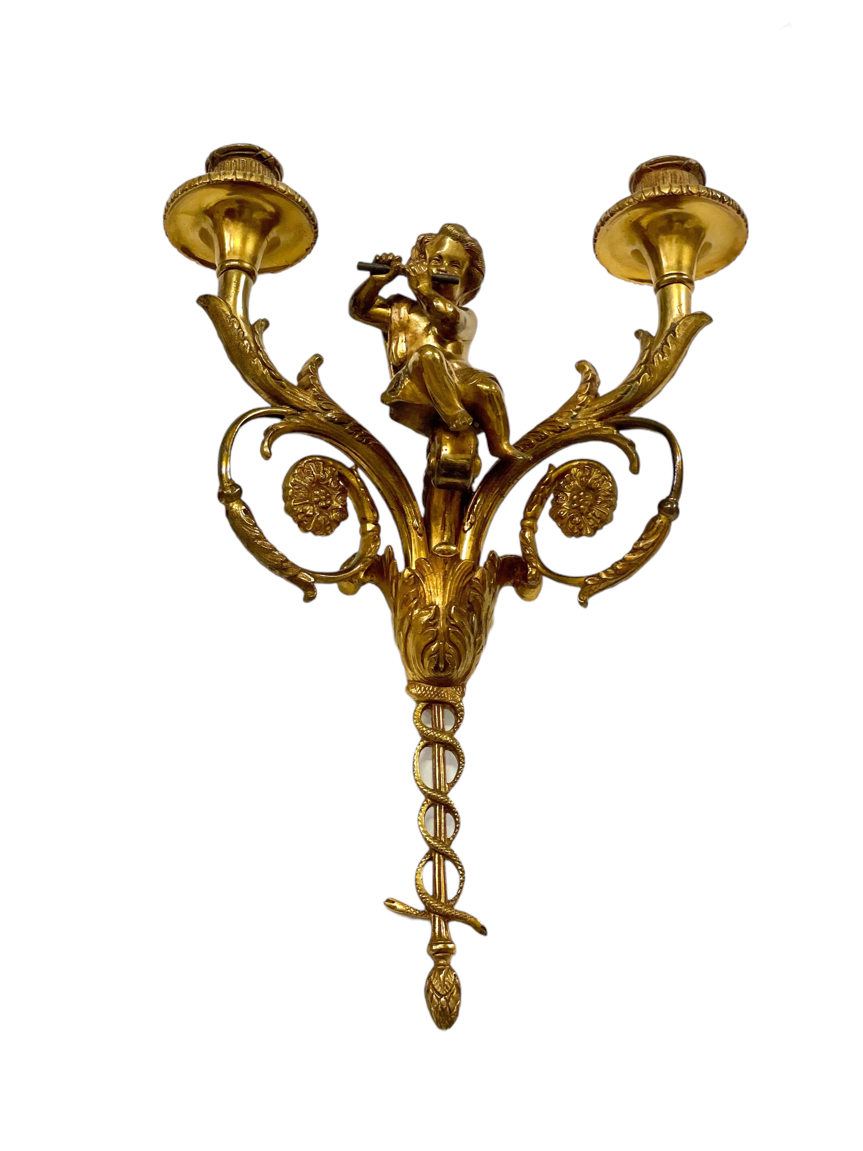 20th Century Attributed to Maison Charles Pair of Tall Gilt Bronze Wall Sconces  For Sale