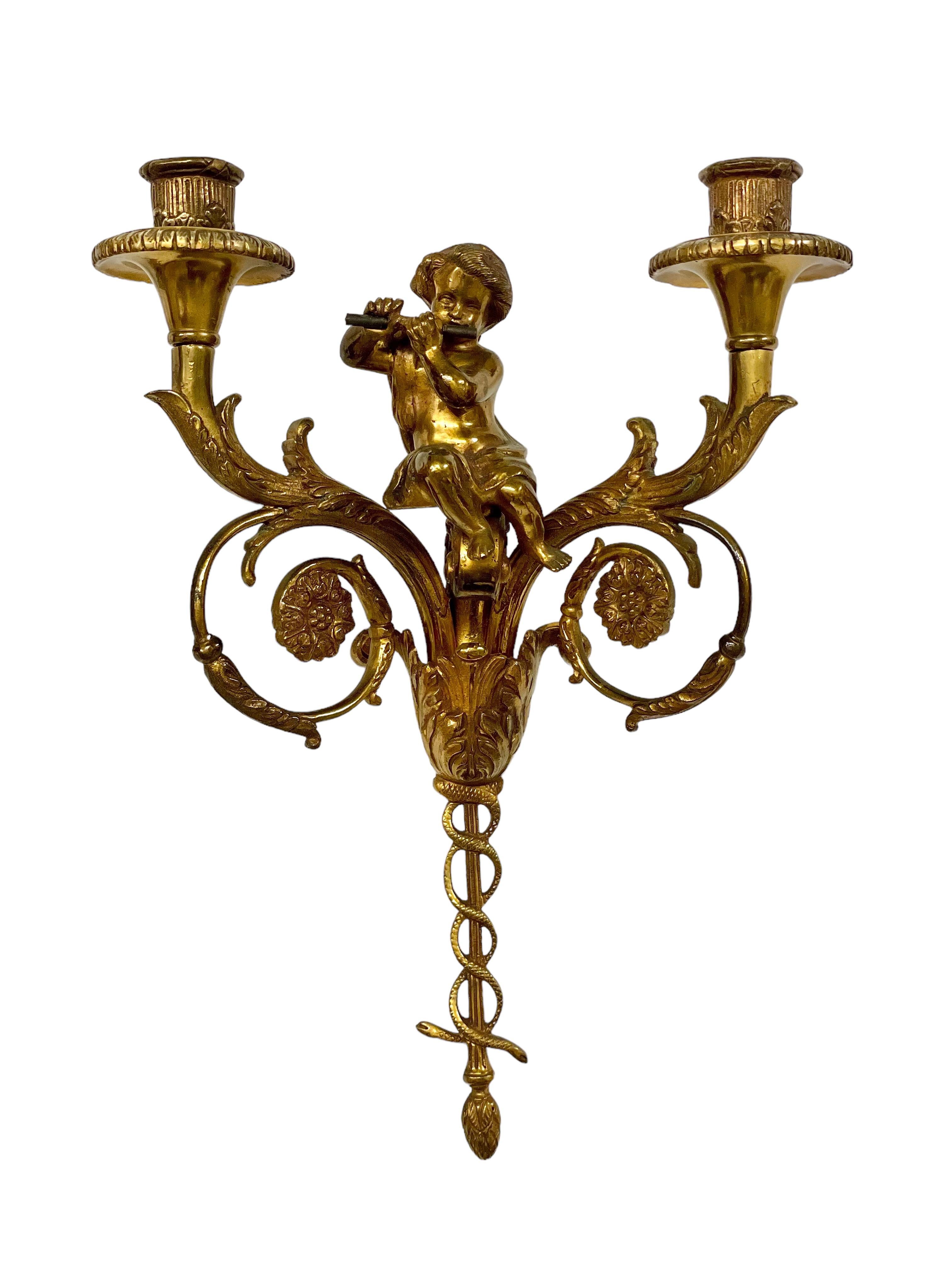 Attributed to Maison Charles Pair of Tall Gilt Bronze Wall Sconces  For Sale 2