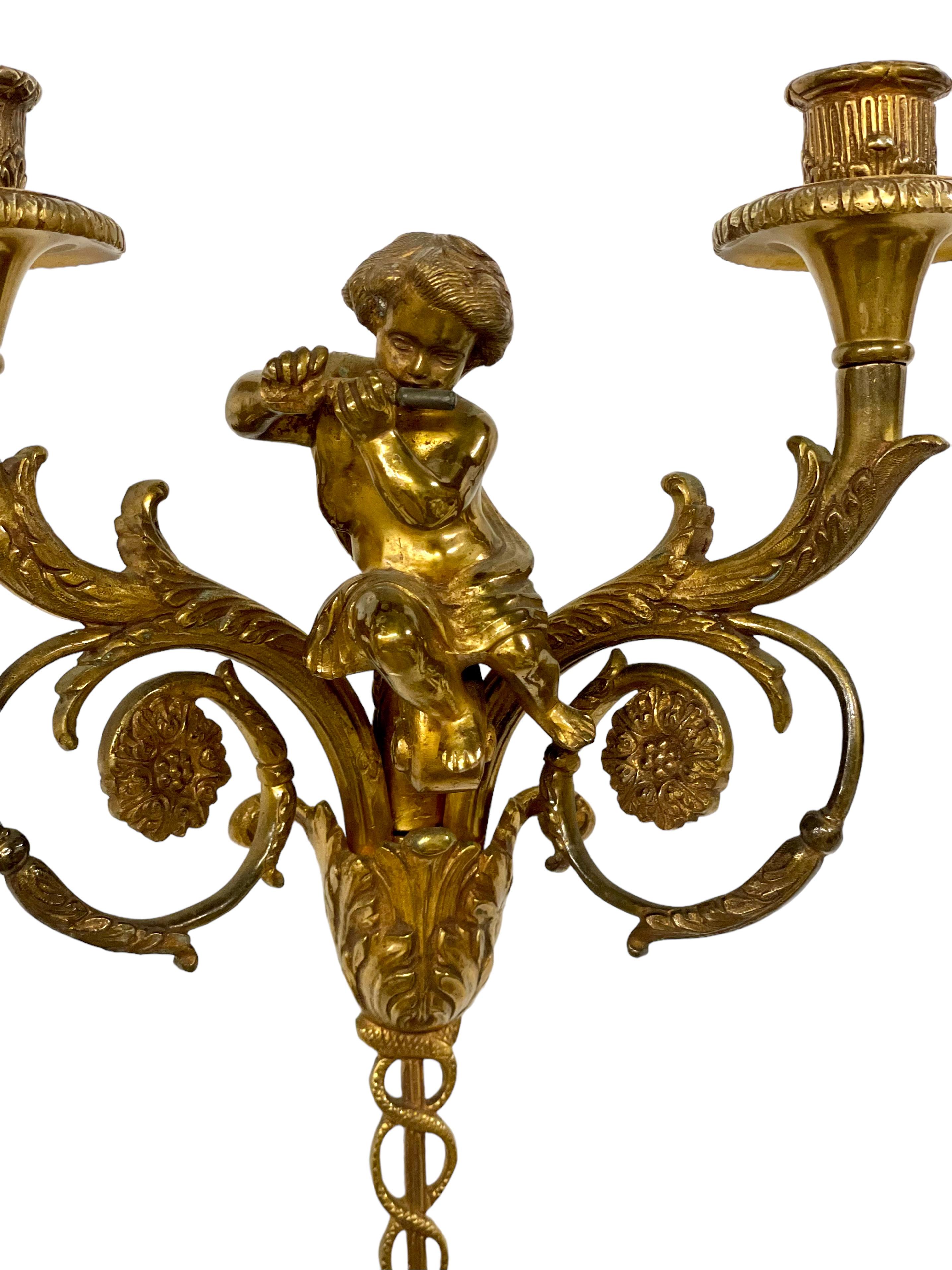 Attributed to Maison Charles Pair of Tall Gilt Bronze Wall Sconces  For Sale 3