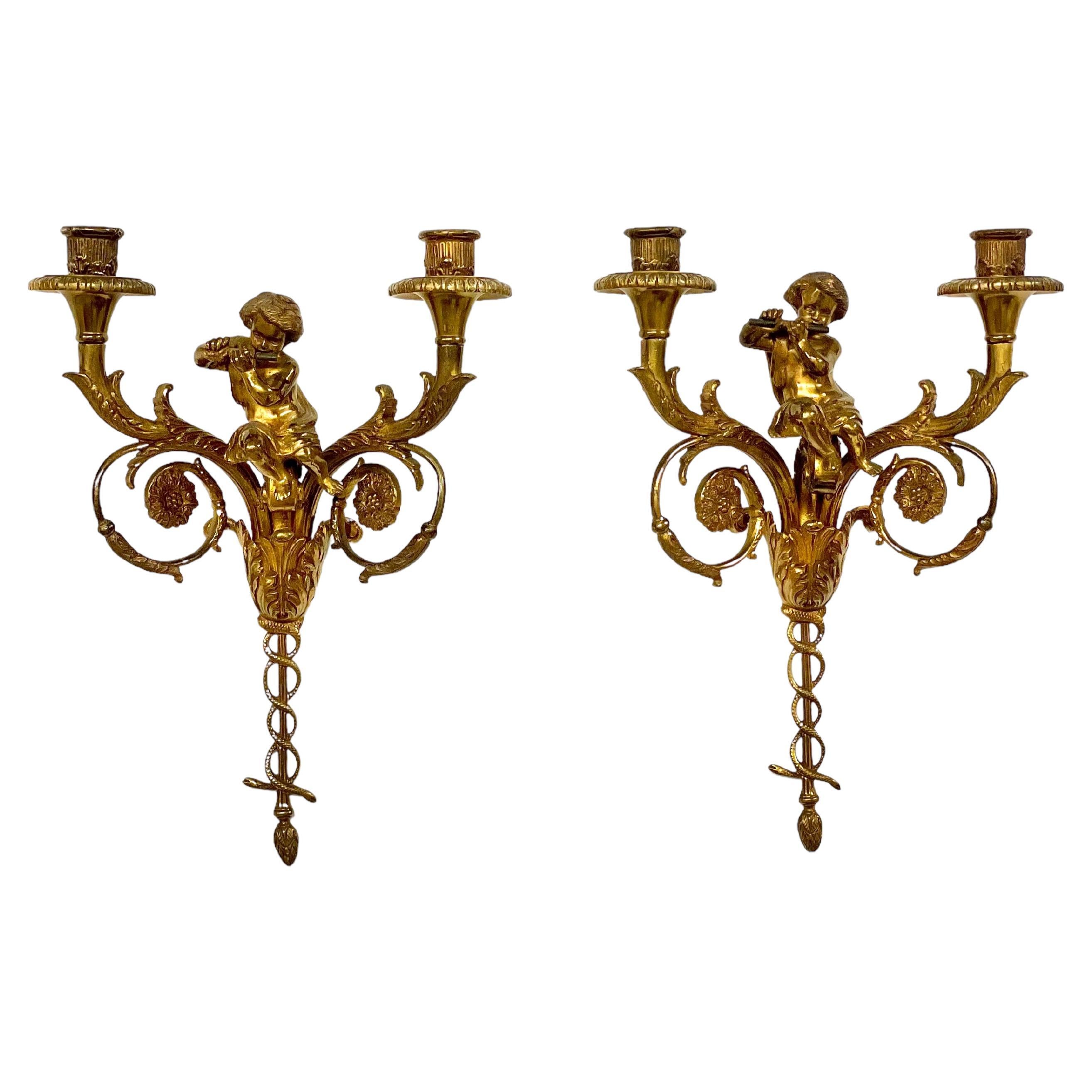 Attributed to Maison Charles Pair of Tall Gilt Bronze Wall Sconces 