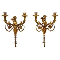 Vintage Attributed to Maison Charles Pair of Tall Gilt Bronze Wall Sconces 