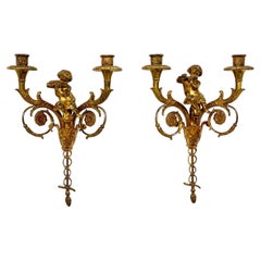Attributed to Maison Charles Pair of Tall Gilt Bronze Wall Sconces