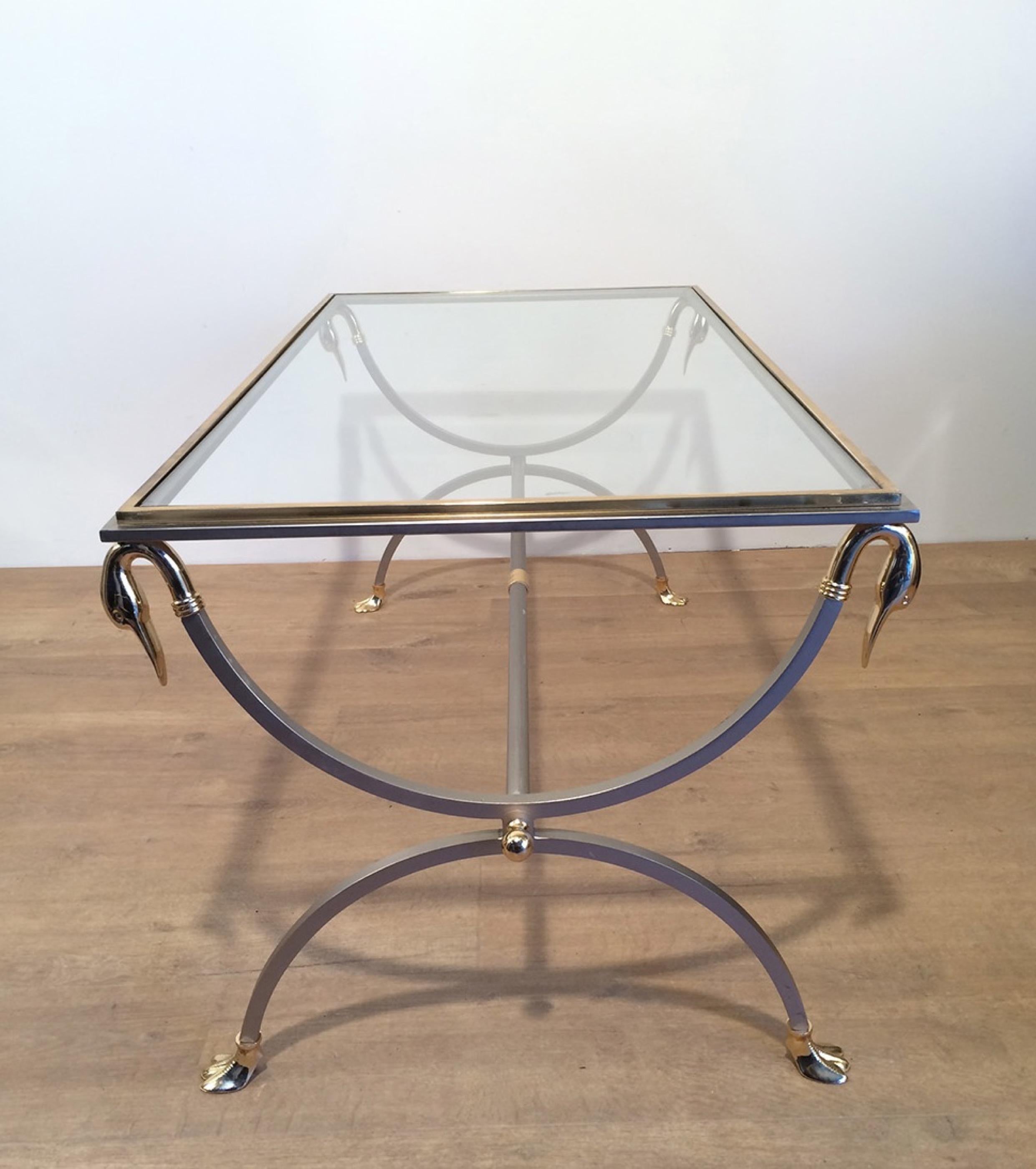 Attributed to Maison Jansen, Brushed Steel & Brass Coffee Table with Swanheads For Sale 4