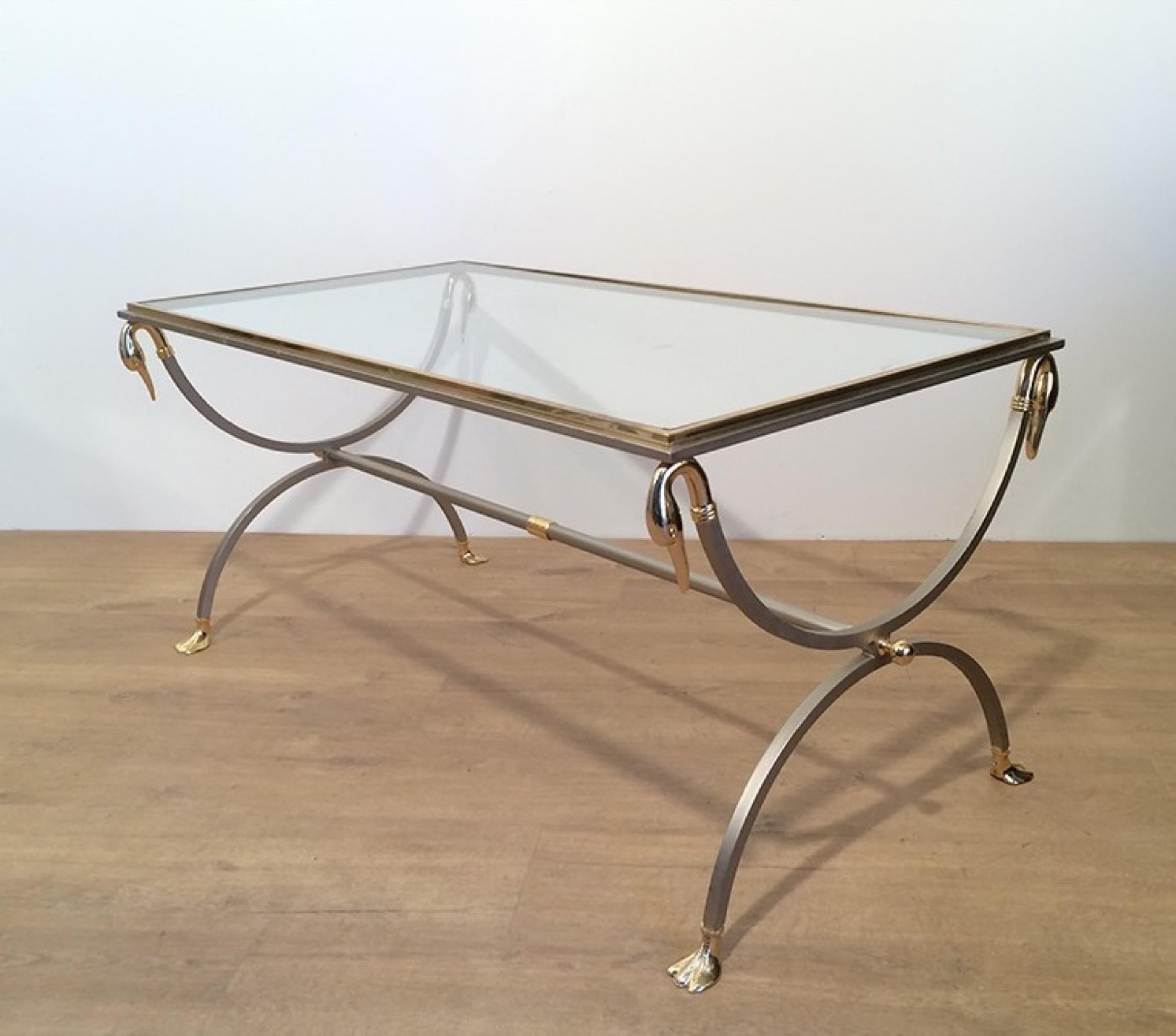 Attributed to Maison Jansen, Brushed Steel & Brass Coffee Table with Swanheads For Sale 5