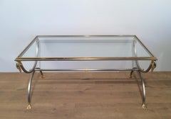 Attributed to Maison Jansen, Brushed Steel & Brass Coffee Table with Swanheads